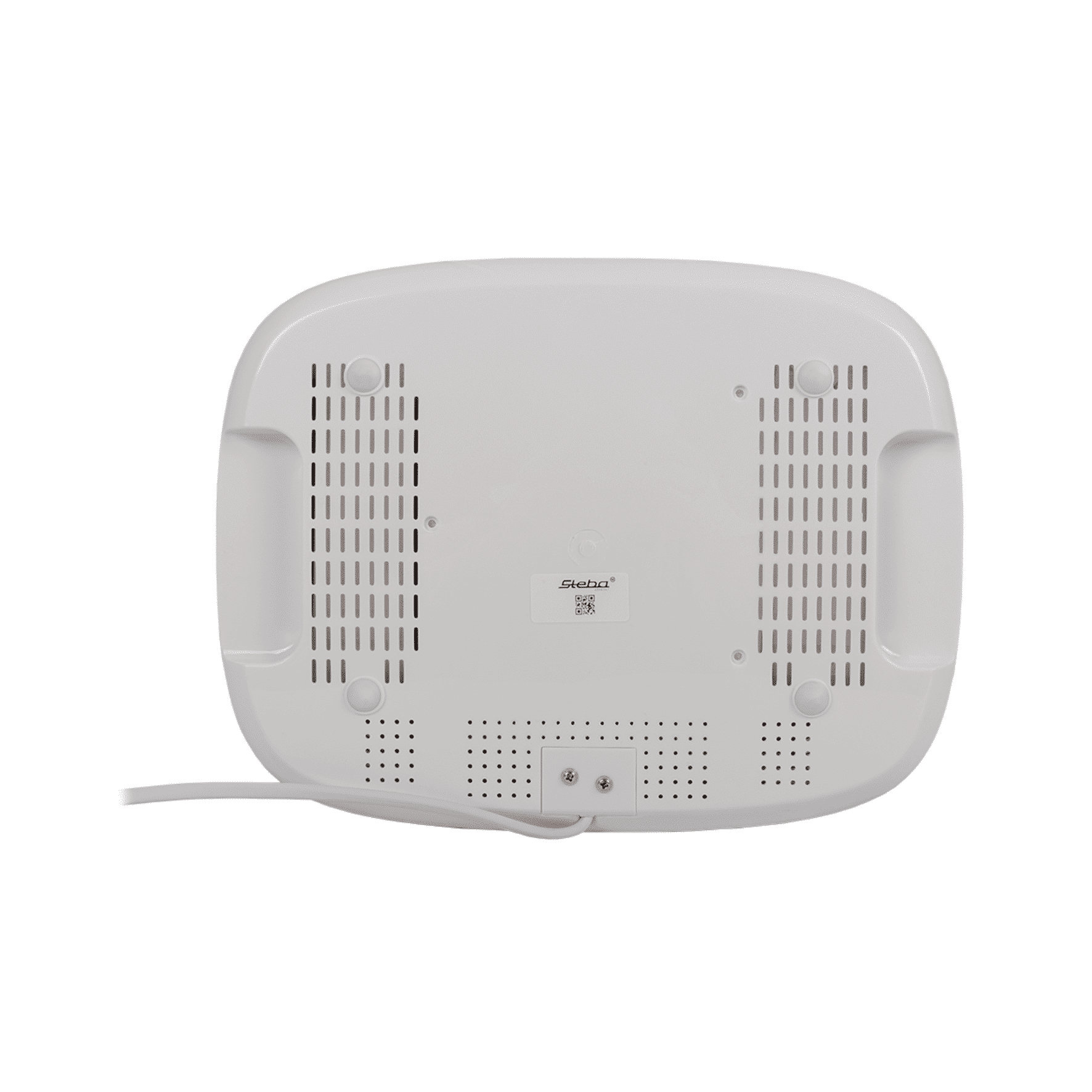 Unterseite der Steba Eismaschine IC110 mit Lüftungsöffnungen, Griffen und Kabelanschluss.