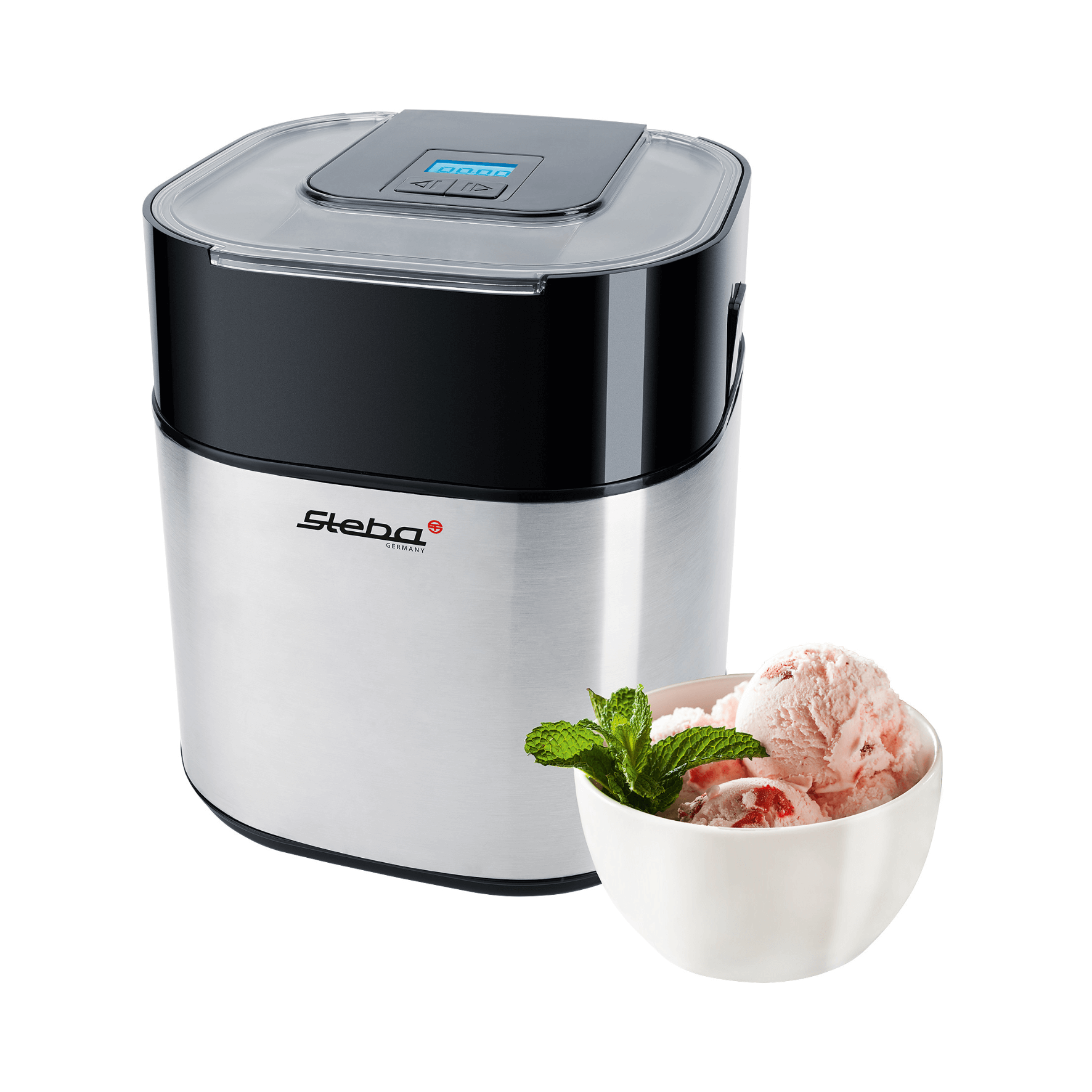 Eiscrememaschine von Steba mit Edelstahl-Oberfläche, digitalem Display und einer Schüssel mit Erdbeereis.