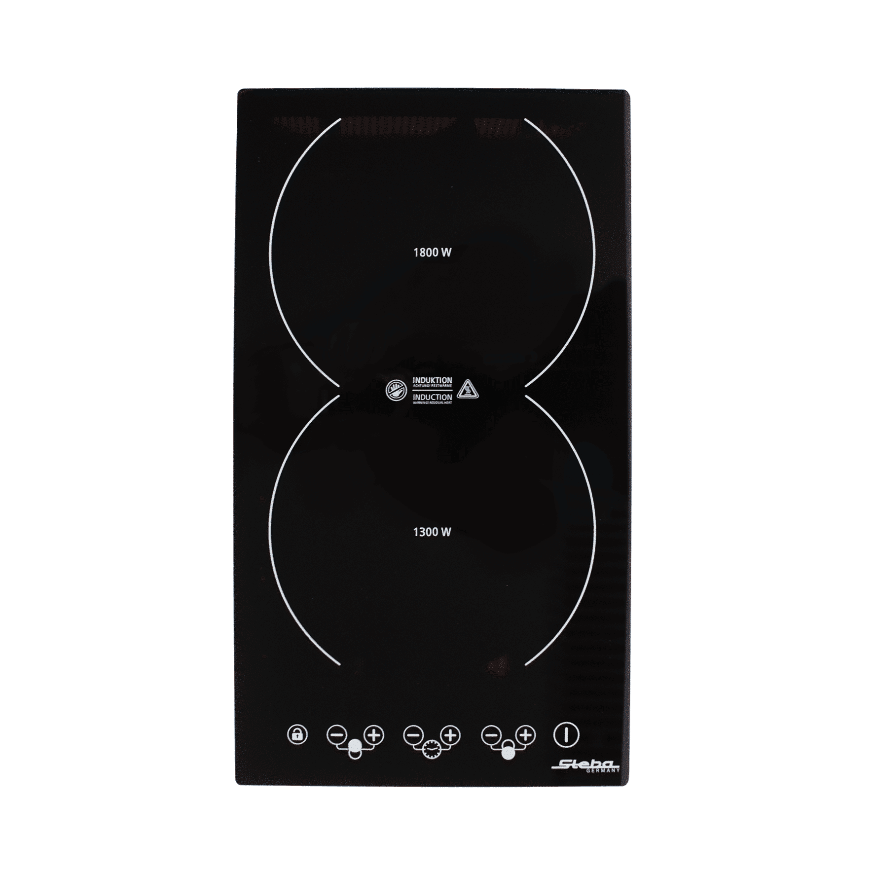 Induktionskochfeld von Steba mit zwei Kochzonen, 1800 W und 1300 W, schwarzes Glasdesign, digitale Steuerung.