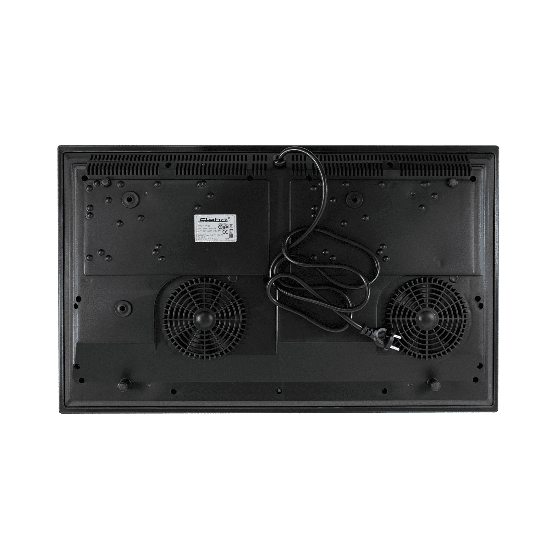 Unterseite des Steba IK 300 Induktionskochfelds mit zwei Lüftern und Kabelanschluss. Modellnummer und technische Details sichtbar.