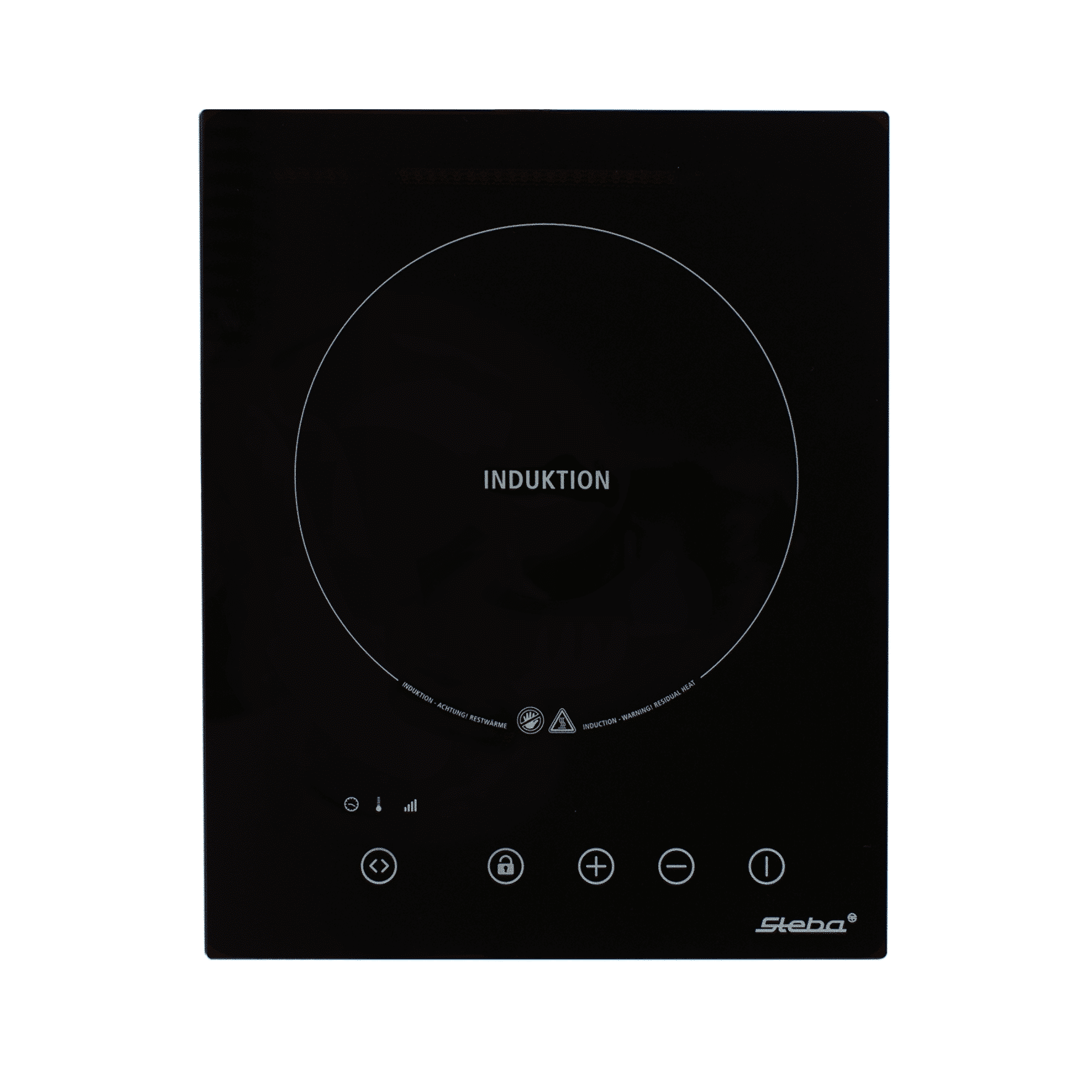 Induktionskochfeld von Steba, Modell IK 60E, mit Touch-Bedienfeld und klarer Anzeige, in schwarzer Glasoberfläche.