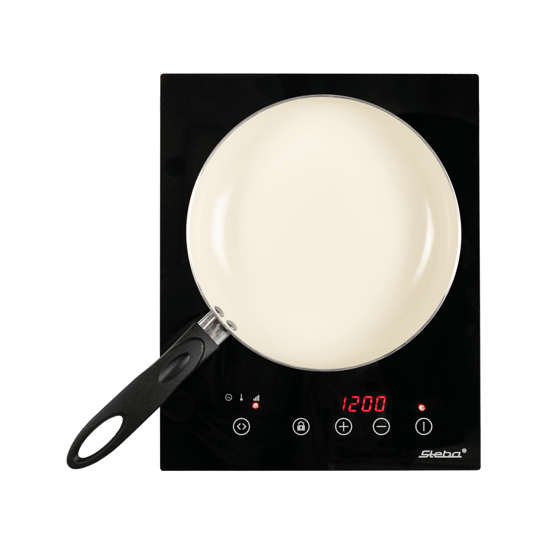 Induktionskochfeld Steba IK 60E mit digitaler Temperaturanzeige und Pfanne, glänzende schwarze Oberfläche. Maximal 1200 Watt.