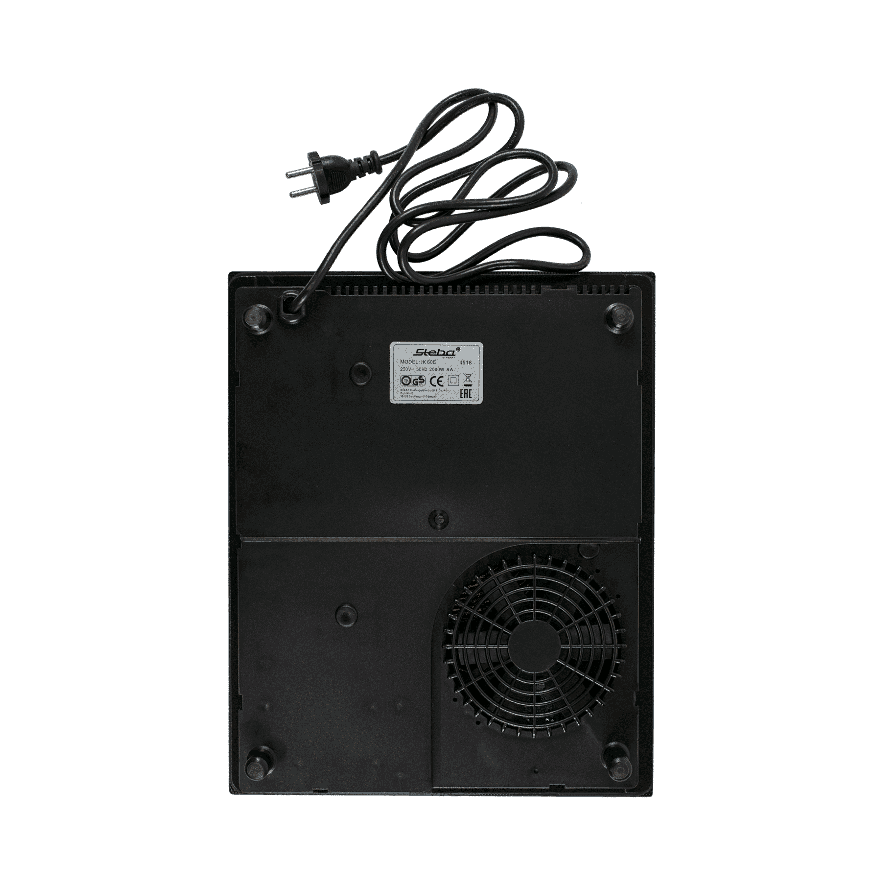 Das Bild zeigt die Unterseite des Steba IK 60E Induktionskochfelds mit Kabel und Lüfter.