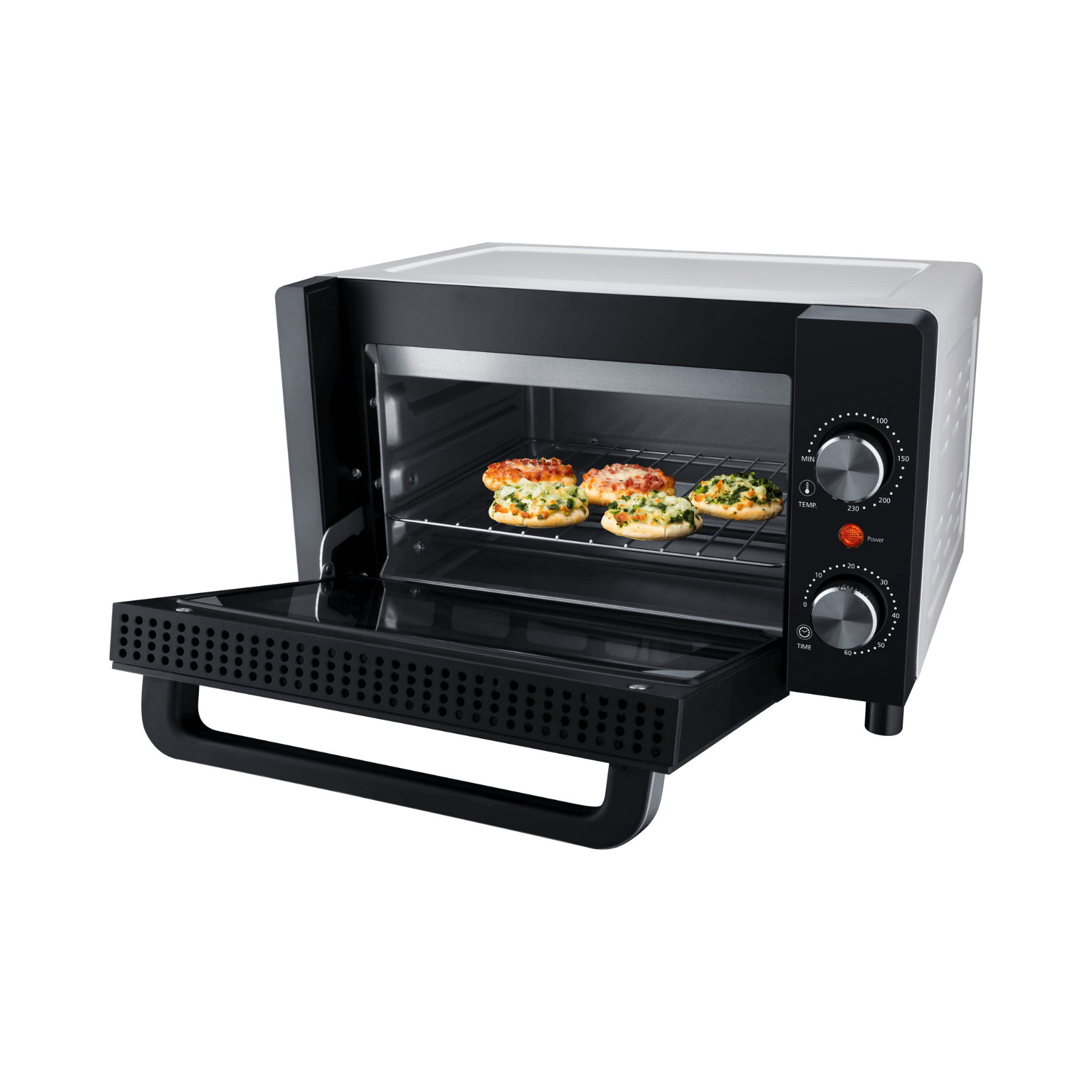 Kleinbackofen von Steba mit gläserner Fronttür, zwei Temperaturreglern und einem Rost mit belegten Pizzen.