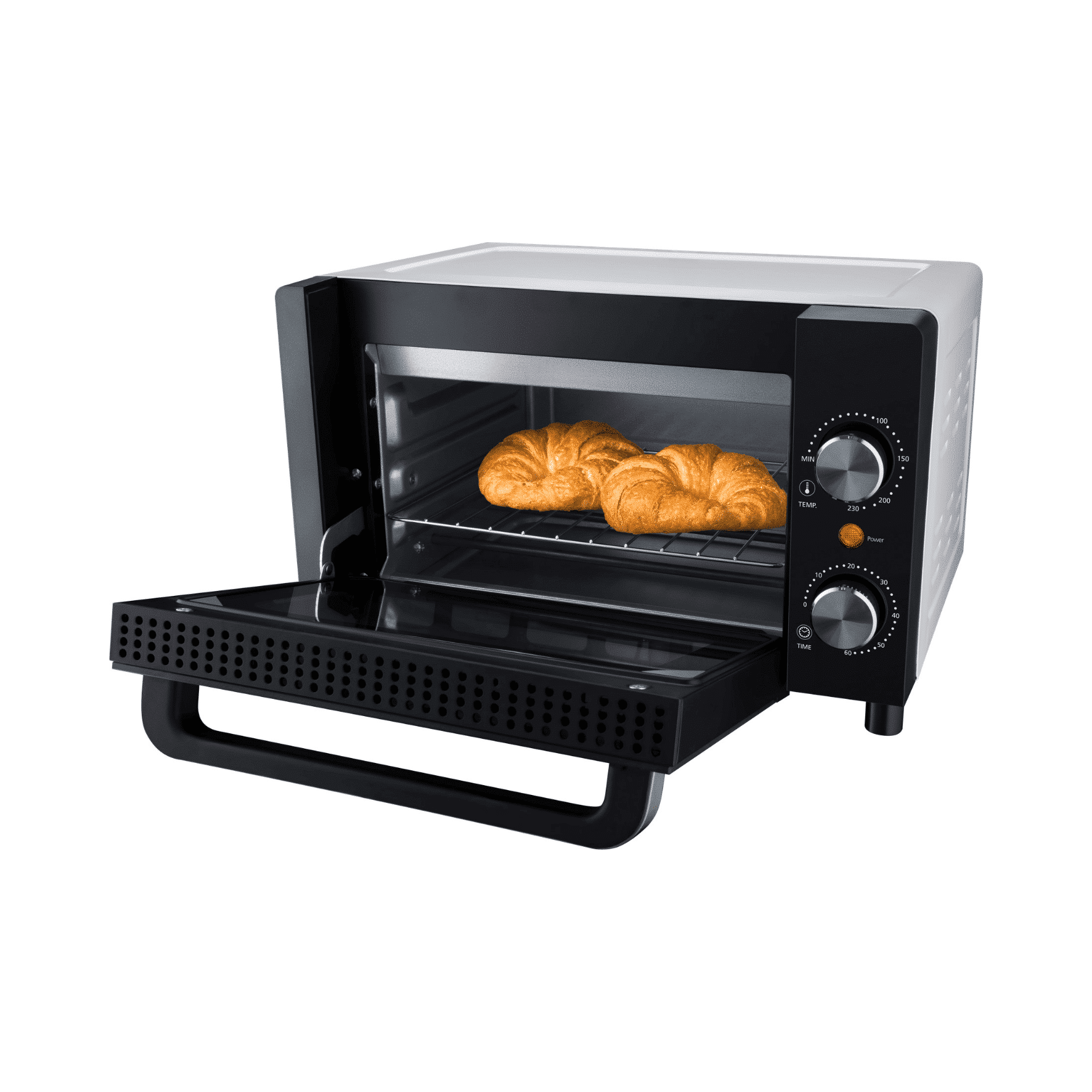 Kleinbackofen von Steba mit geöffnetem Tür, drei Croissants auf dem Rost, zwei Drehregler für Temperatur und Timer.