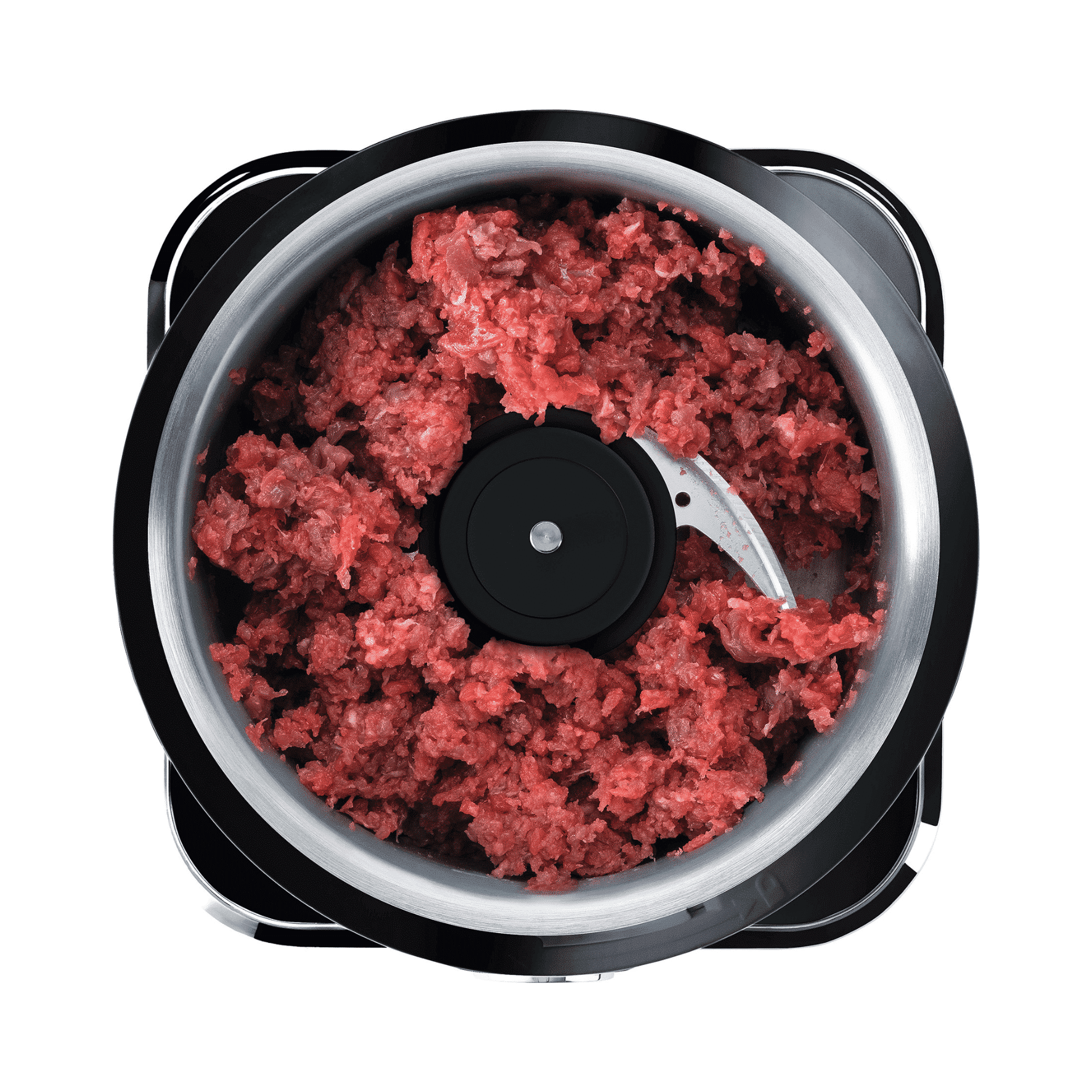 Hochwertiger Fleischwolf mit Edelstahlbehälter und scharfer Klinge, gefüllt mit frisch zerkleinertem Fleisch.