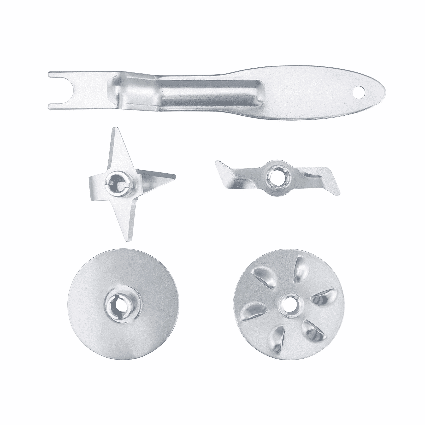 Aluminium-Messer-Set für den Steba Stabmixer, bestehend aus verschiedenen Klingen und Zubehörteilen für vielseitige Einsatzmöglichkeiten.