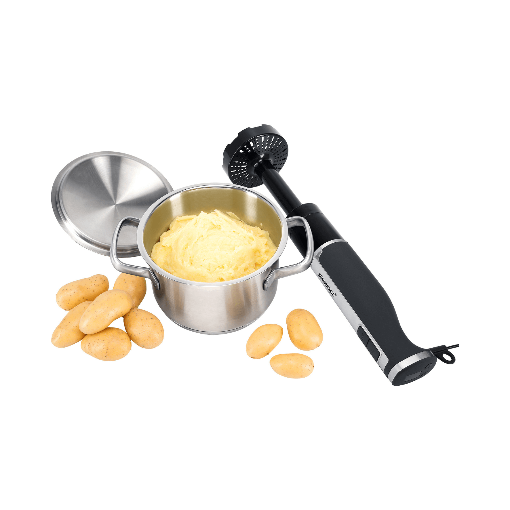 Stabmixer von Steba mit Edelstahlbehälter und Kartoffelpüree, umgeben von kleinen Kartoffeln.