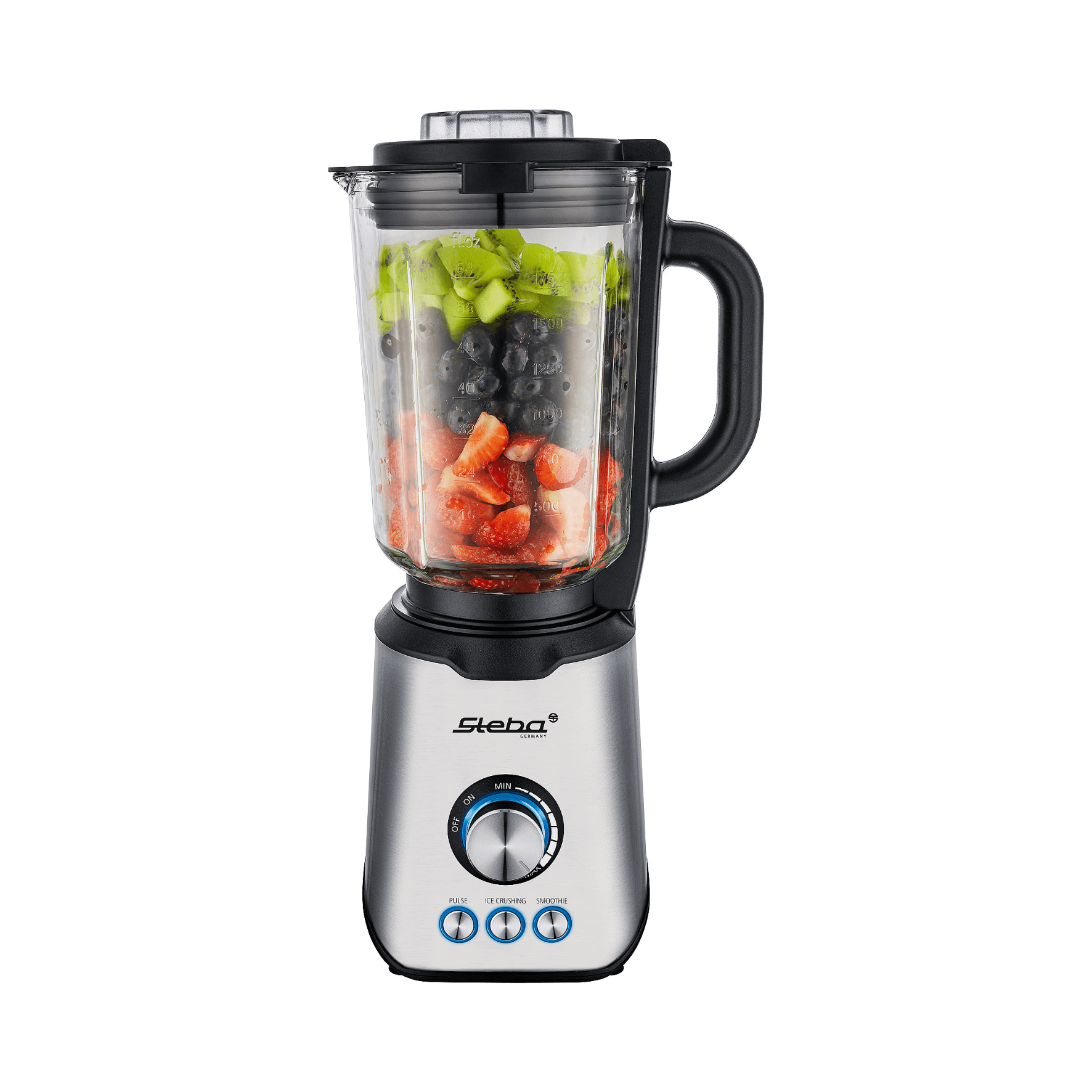 Standmixer Steba MX4Plus mit Glasbehälter, gefüllt mit frischen Früchten. Bedienfeld mit Puls-, Eiszerkleinerungs- und Smoothie-Funktion.