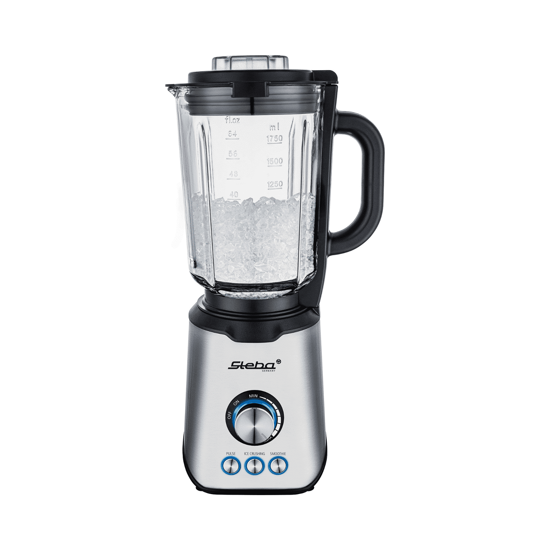 Standmixer Steba MX4Plus mit 1,75 l Glasbehälter, Edelstahl-Design und Funktionen für Smoothies und Eiszerkleinerung.