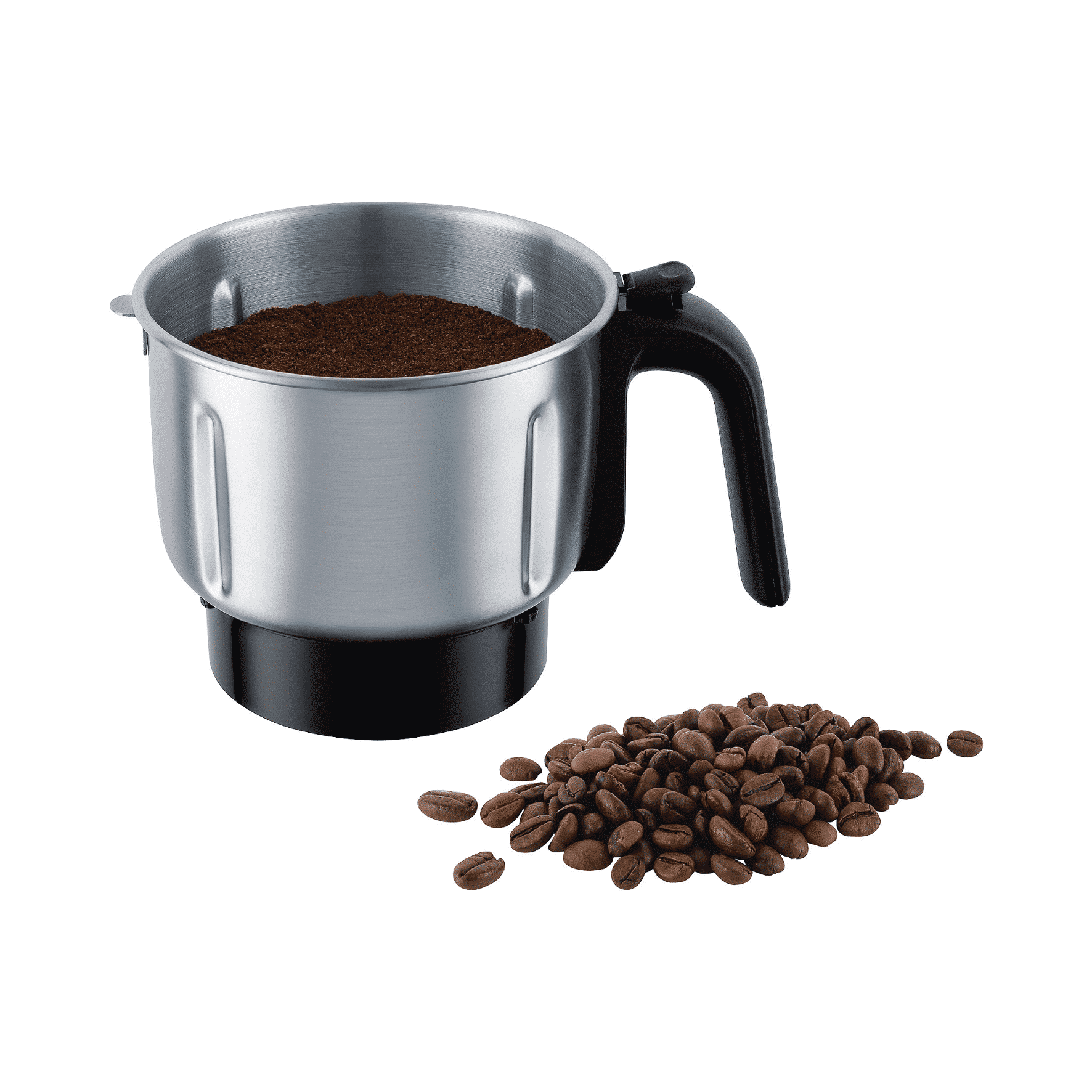 Edelstahl-Mahlbehälter des Steba MX4Plus mit gemahlenem Kaffee und Kaffeebohnen daneben.