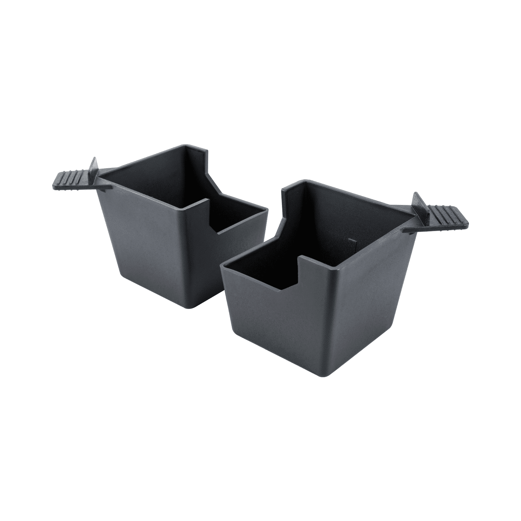 Zwei schwarze Behälter für den Steba Kontaktgrill, mit seitlichen Griffen für einfachen Transport und Handhabung.