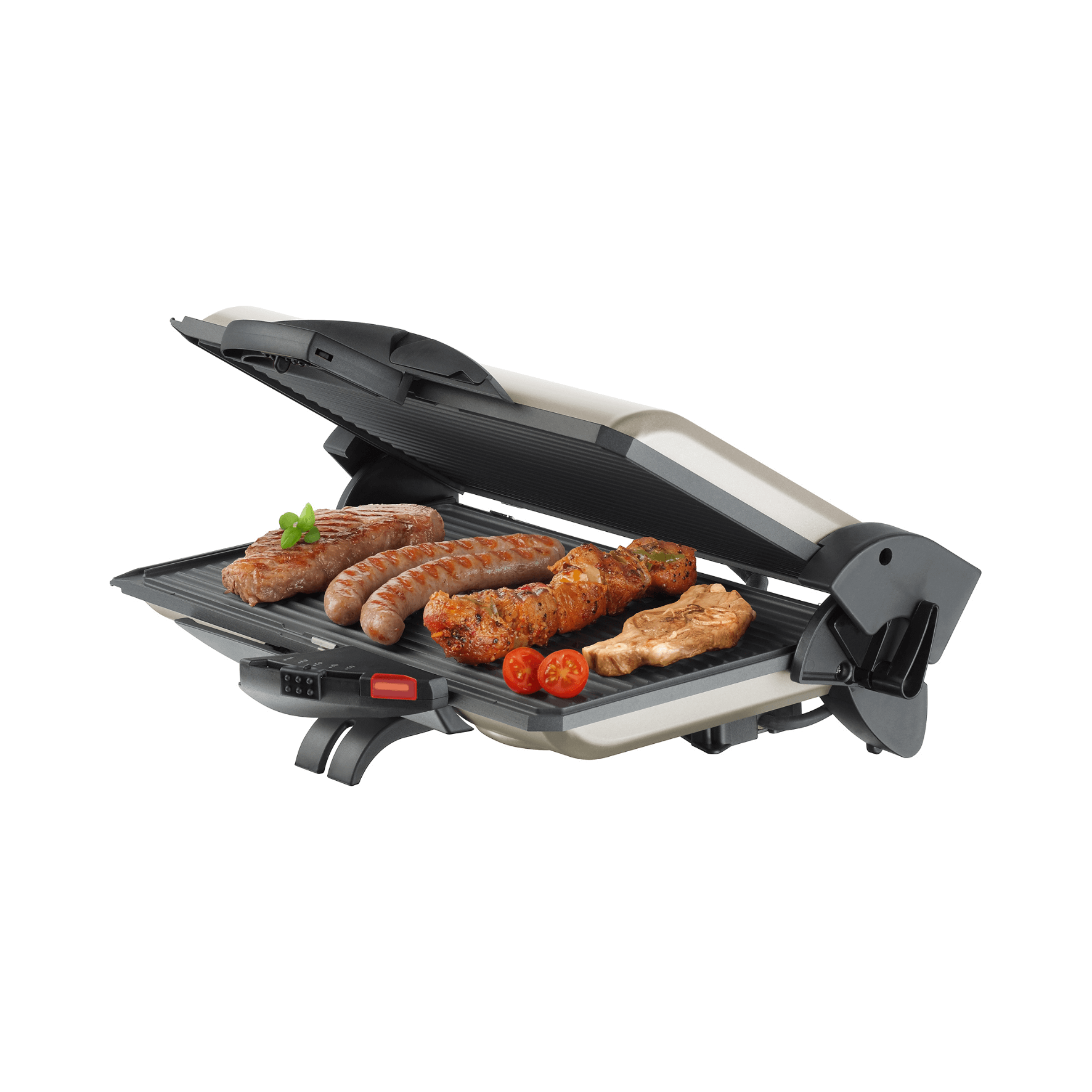 Kontaktgrill von Steba mit geöffnetem Deckel, Grillfläche belegt mit Fleisch und Würsten, ideal zum Grillen.