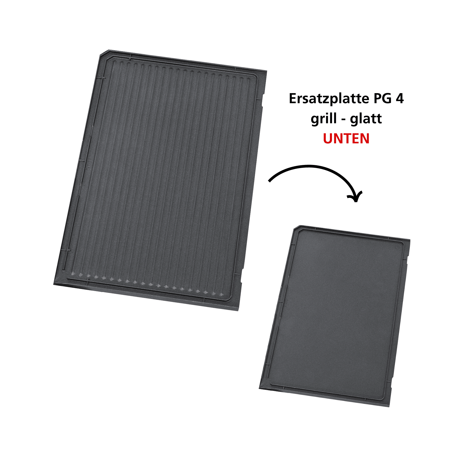 Ersatzplatte PG 4 für den Steba Kontaktgrill, eine glatte Grillfläche, zeigt die Unterseite der Platte.