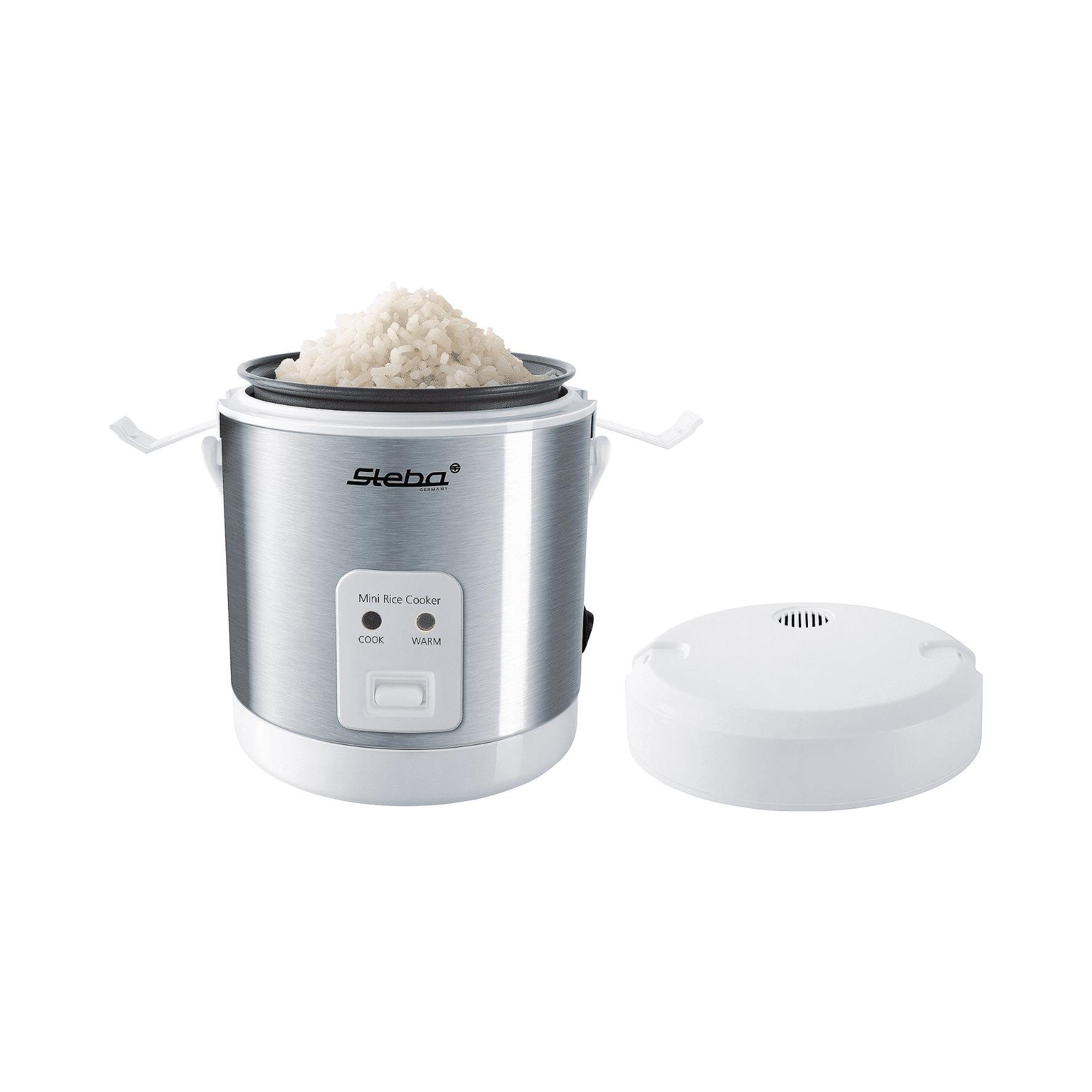 Mini-Reiskocher von Steba mit Edelstahl-Oberfläche, Koch- und Warmhaltefunktion, inklusive Deckel.
