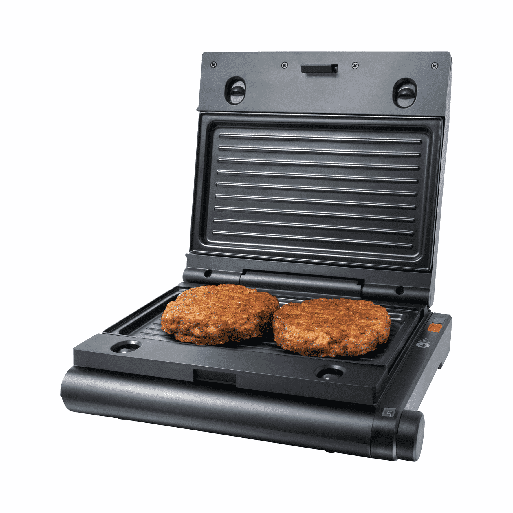 Multi-Snack Maker von Steba mit offenen Klappen, zwei goldbraun gebratenen Patties auf der Grillfläche.