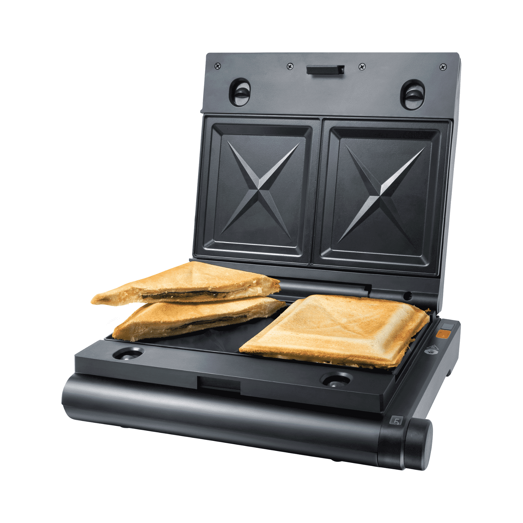 Multi-Snack Maker von Steba mit zwei Grillplatten und zwei gefüllten Sandwiches, geöffnet für eine einfache Bedienung.