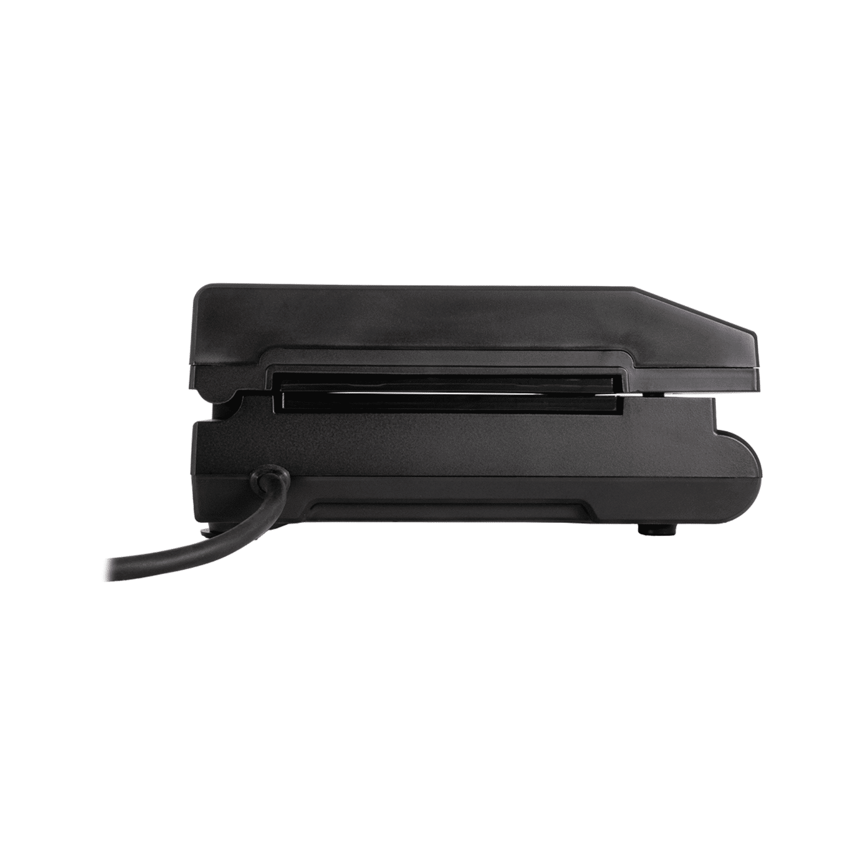 Seitenansicht des SG55 Multi-Snack Makers von Steba in Schwarz, mit Kabel und schmalem Design für platzsparende Aufbewahrung.