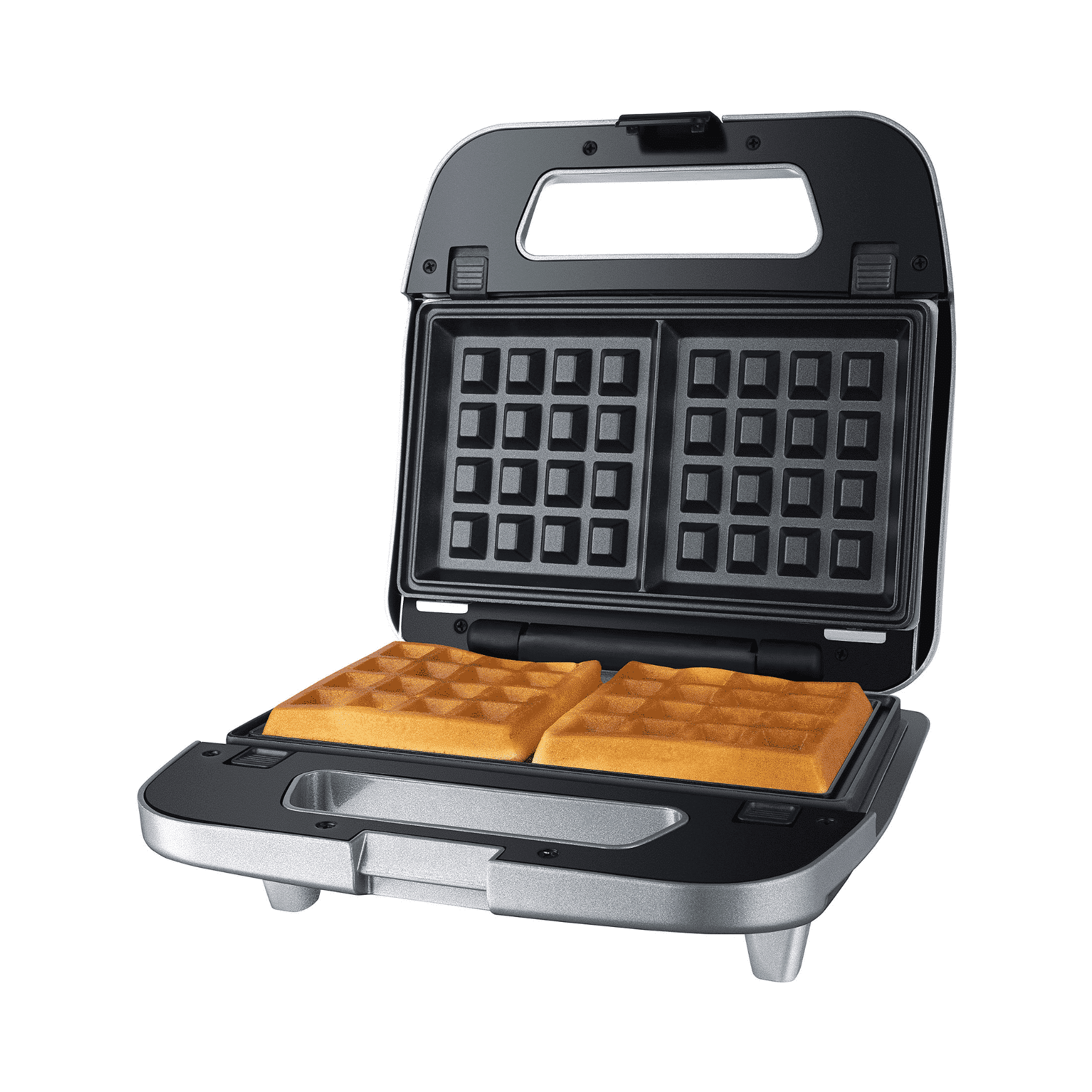 Waffeleisen mit zwei Waffeln, antihaftbeschichtet, kompakte Bauweise, geeignet für verschiedene Snacks.