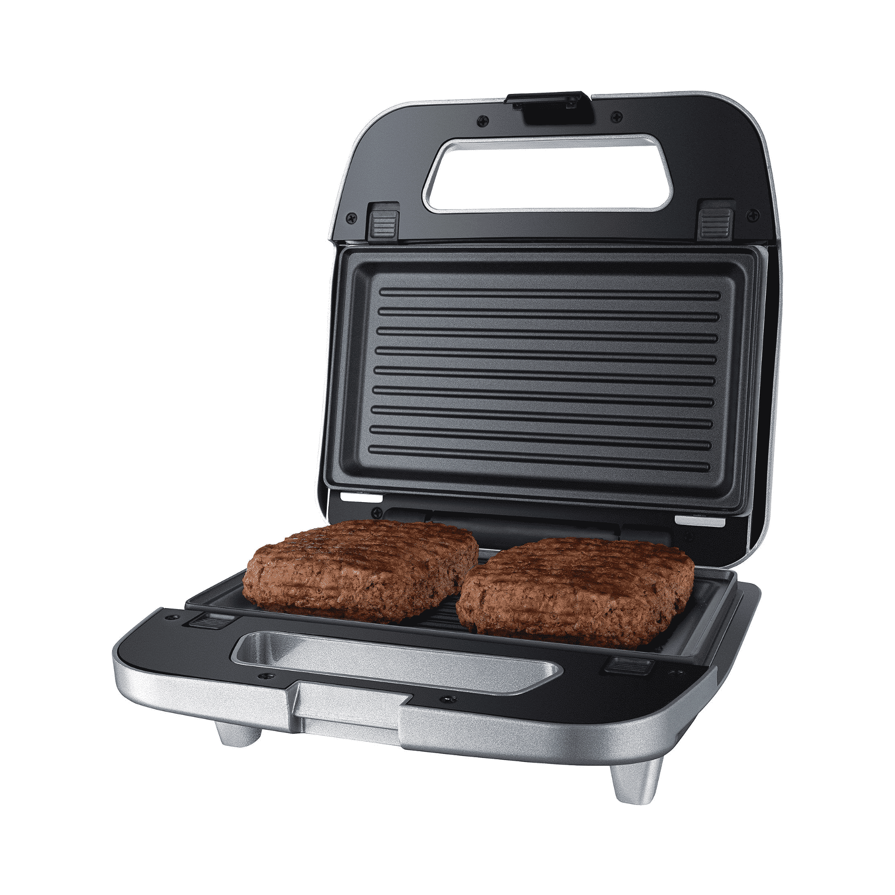Steba SG65 Multi-Snack Maker mit zwei Grillflächen, ideal zum Zubereiten von Burger-Patties. Kompakt und effizient.