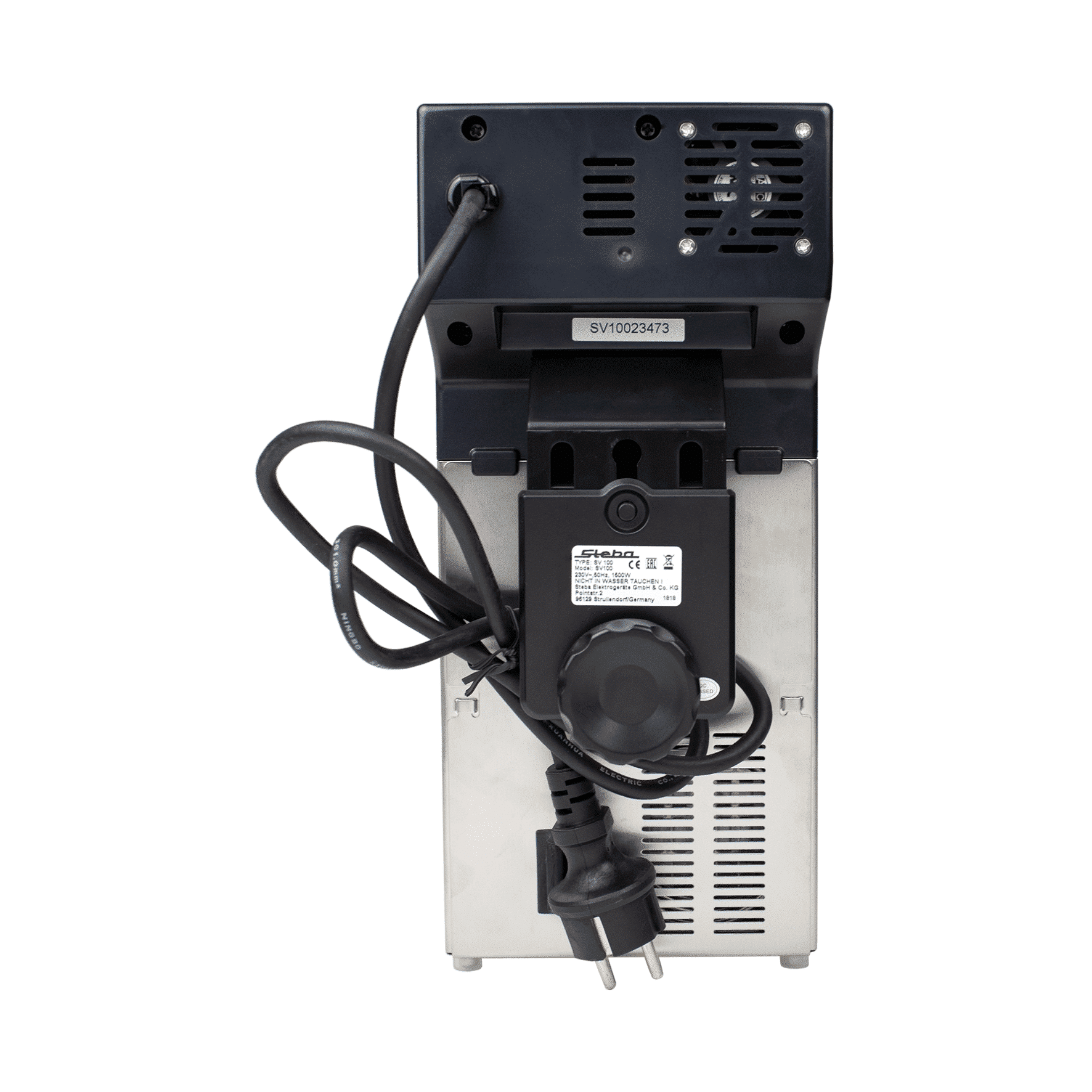 Rückansicht des Steba SV100 Sous Vide Garers mit Kabel, Temperaturregler und Lüftungsschlitzen auf Edelstahlgehäuse.