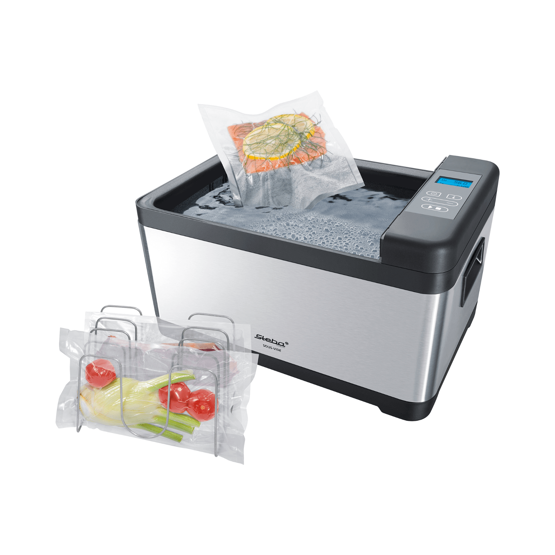 Sous Vide Garer von Steba mit digitalem Display, Wasserbad und vakuumierten Lebensmitteln, ideal zum schonenden Garen.
