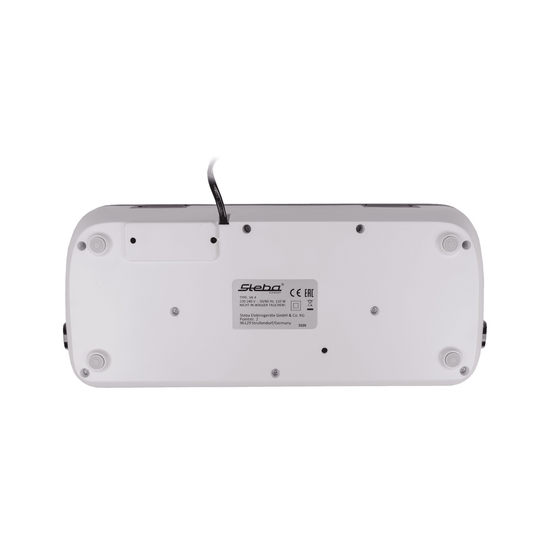 Bodenansicht des Steba VK4 Vakuumierers mit Kabelanschluss und Typenschild.