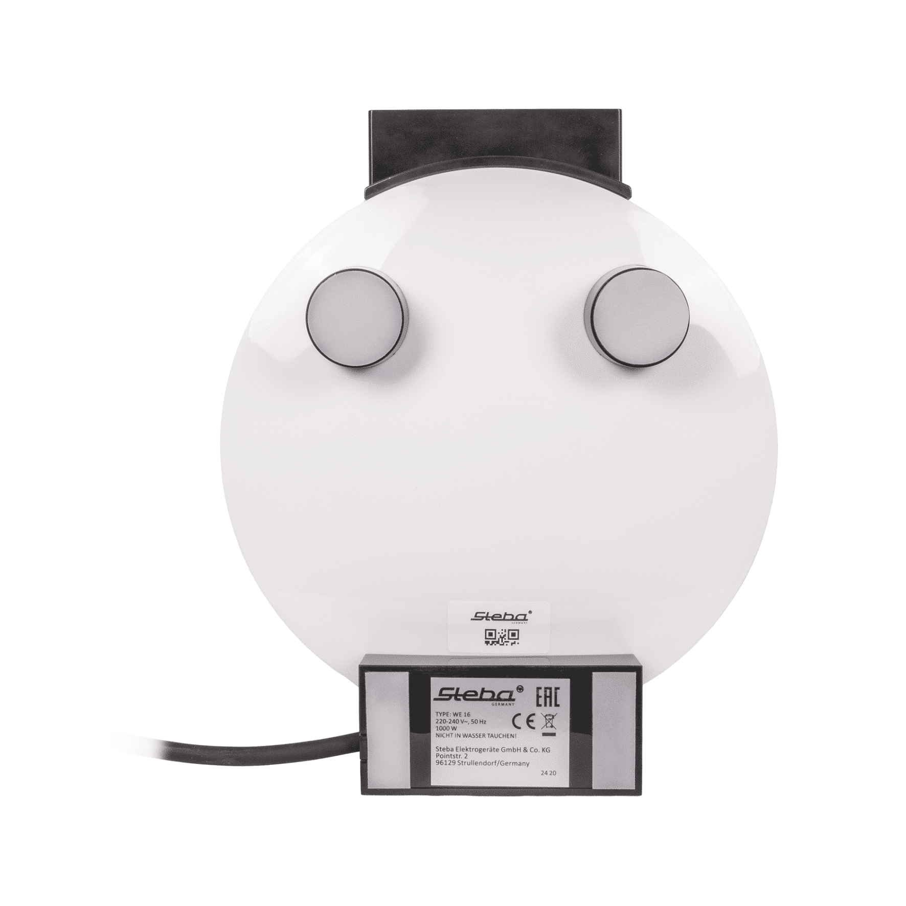 Unterseite des Steba WE16 Waffeleisens mit zwei Bedienelementen und Typenschild. Kabellänge sichtbar.
