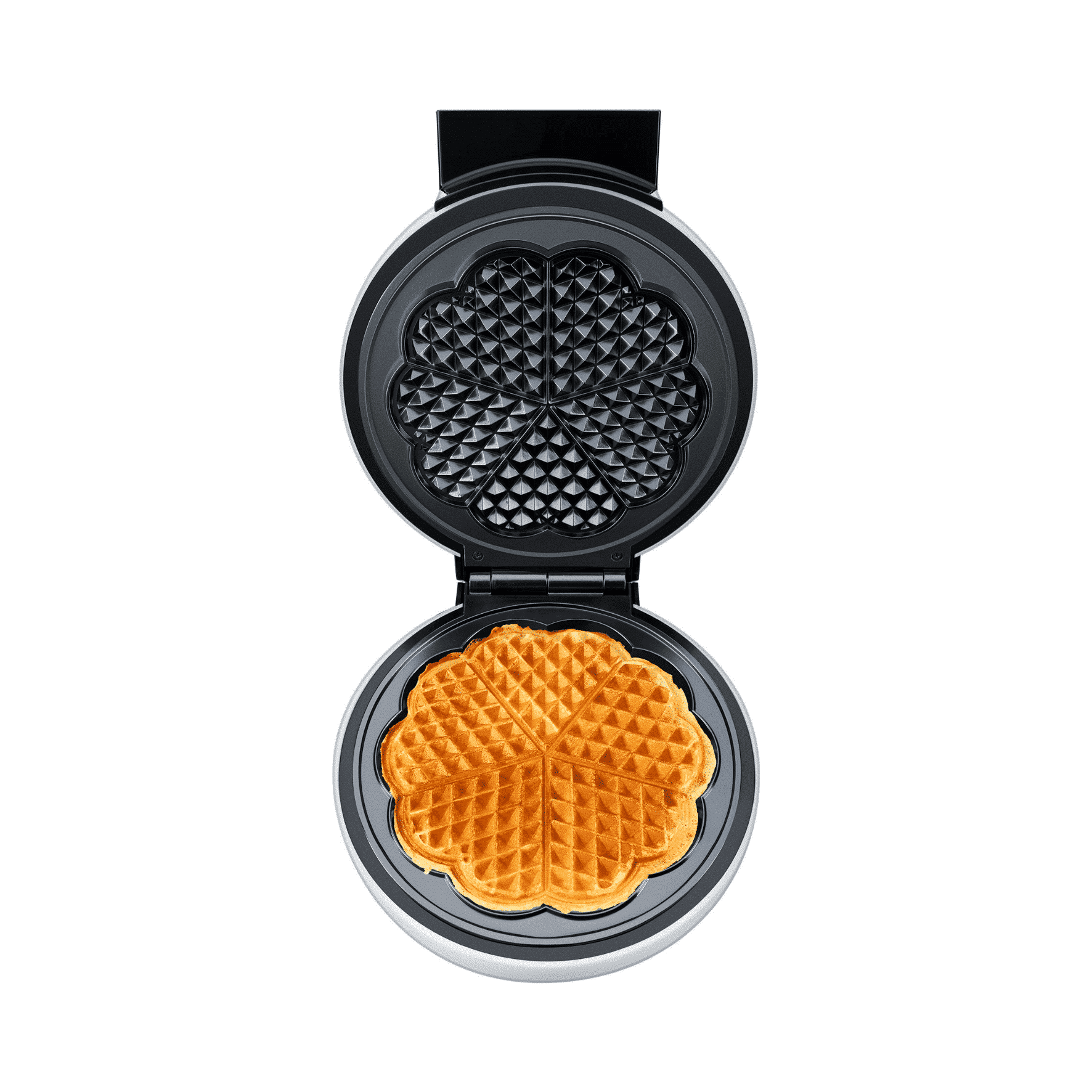 Waffeleisen von Steba mit golden gebräunter Waffel im Inneren, blütenförmige Backform, glänzendes Gehäuse.