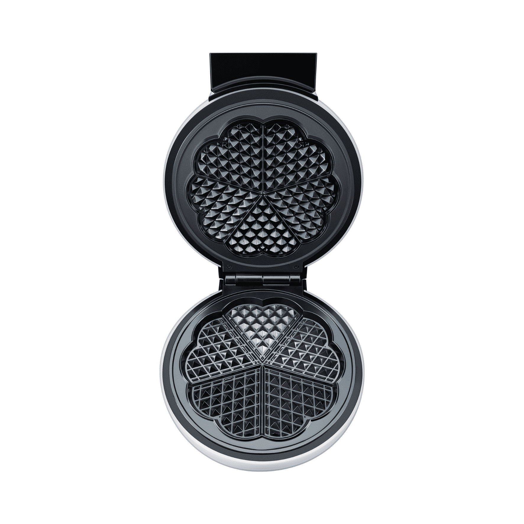 Waffeleisen von Steba, geöffnet, mit zwei Waffelbackflächen im Blütenmuster und Antihaftbeschichtung für einfache Reinigung.