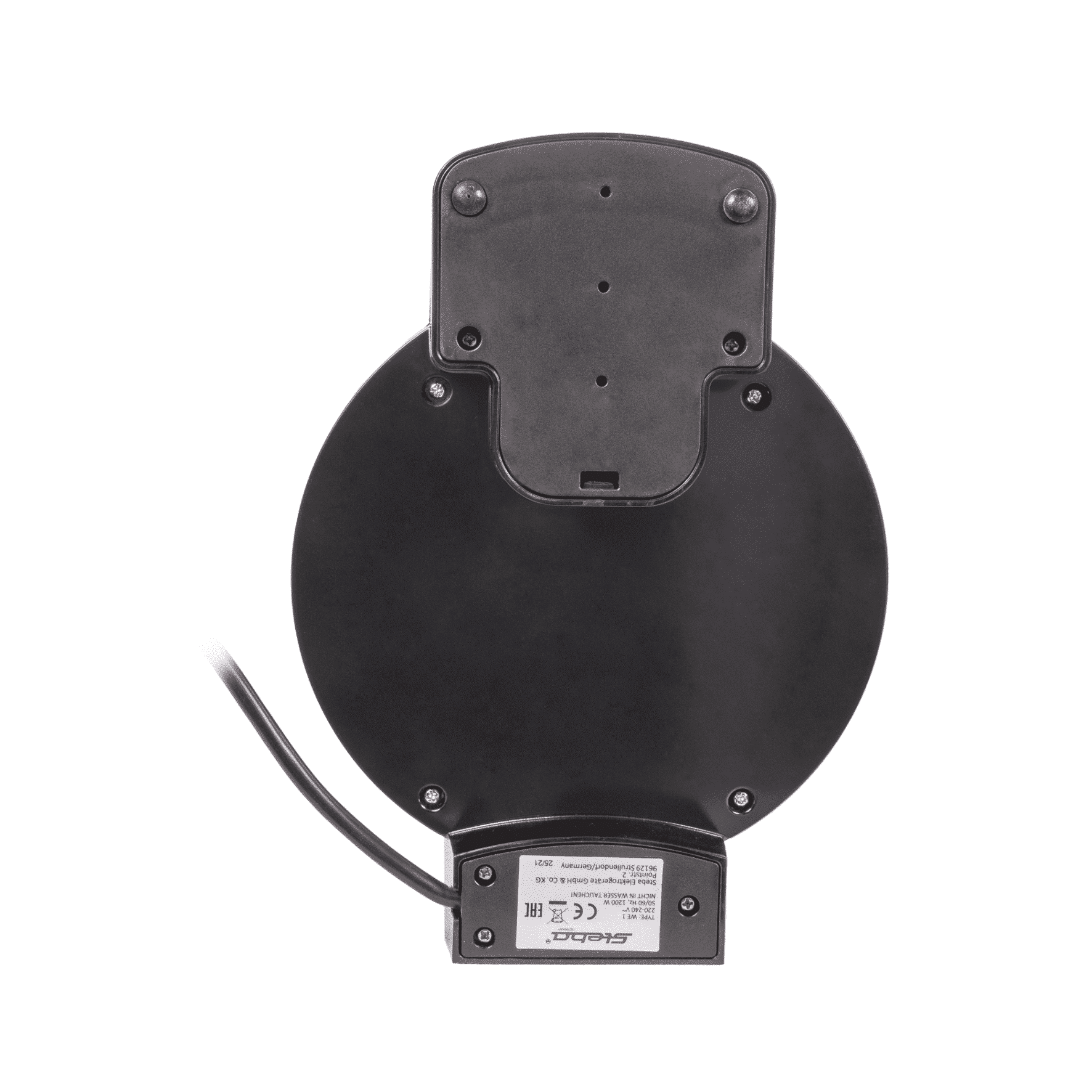 Unterseite des Waffeleisens von Steba mit Anschlusskabel und technischen Details. Runde Form, stabiler Stand.