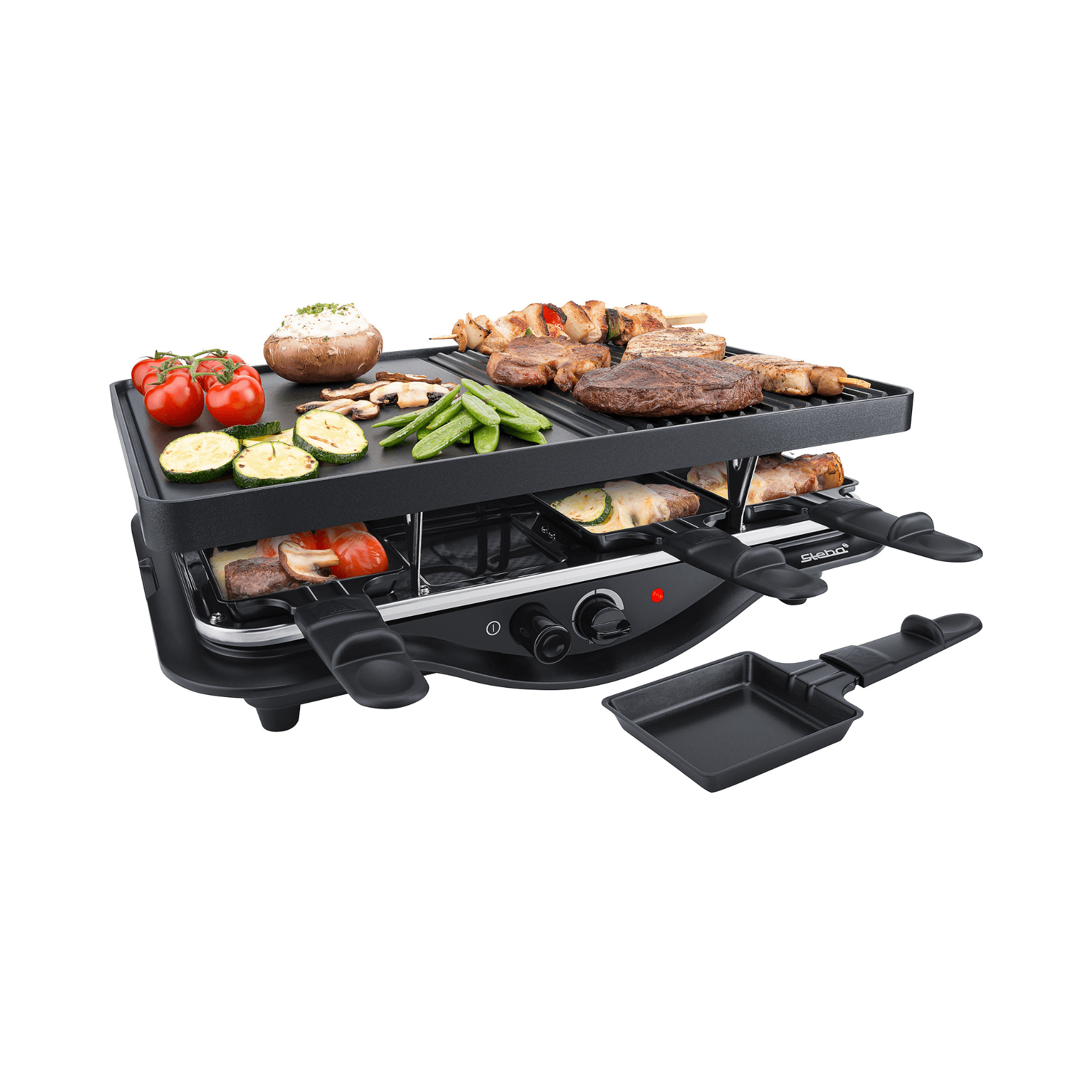 Steba Raclette-Grill RC28 mit Grillplatte und Schalen für Käse, Gemüse und Fleisch. Verstellbare Temperaturregelung.
