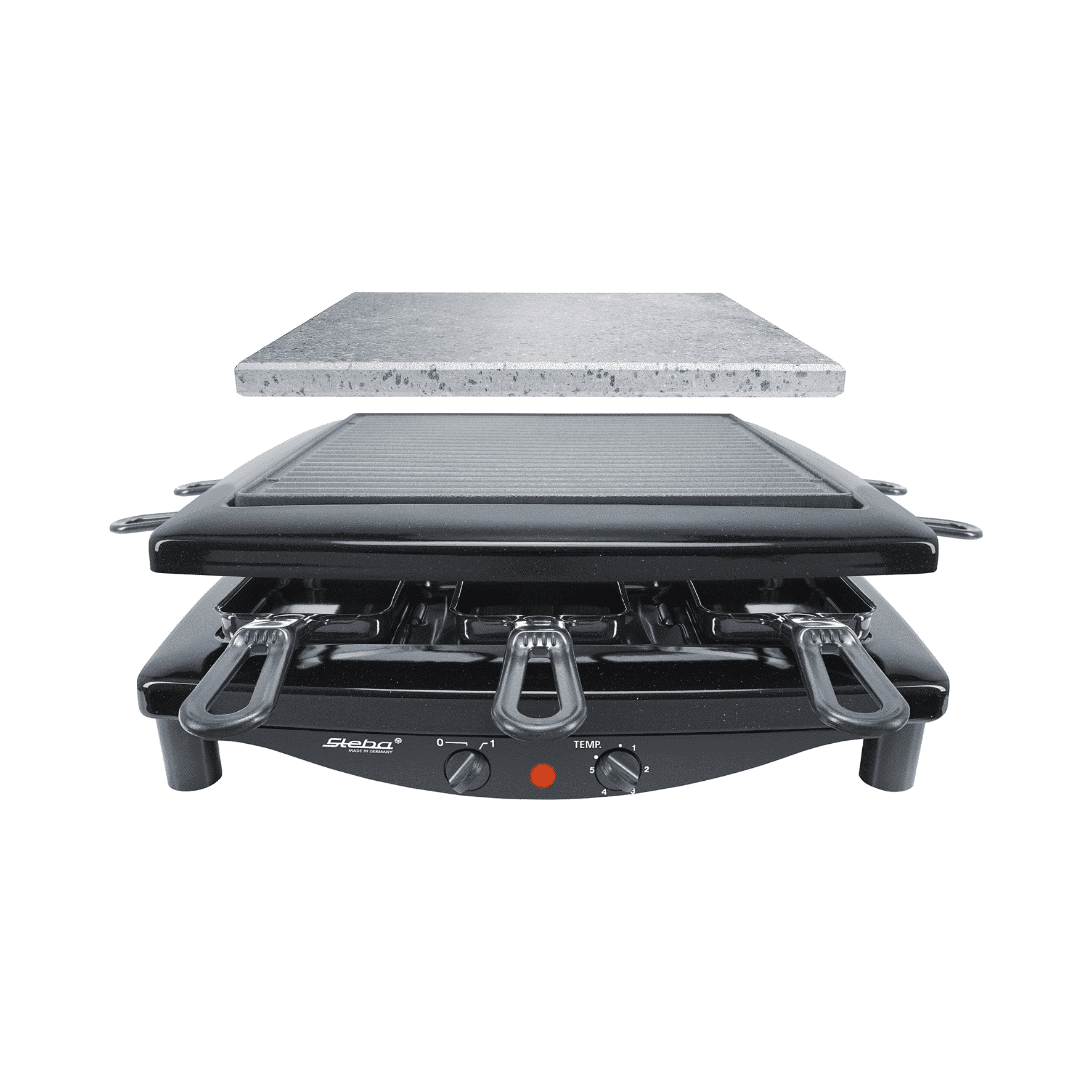 Steba Raclette-Grill RC3PLUS mit herausnehmbarer Grillplatte und vier Käsepfännchen. Temperaturregelung vorhanden.