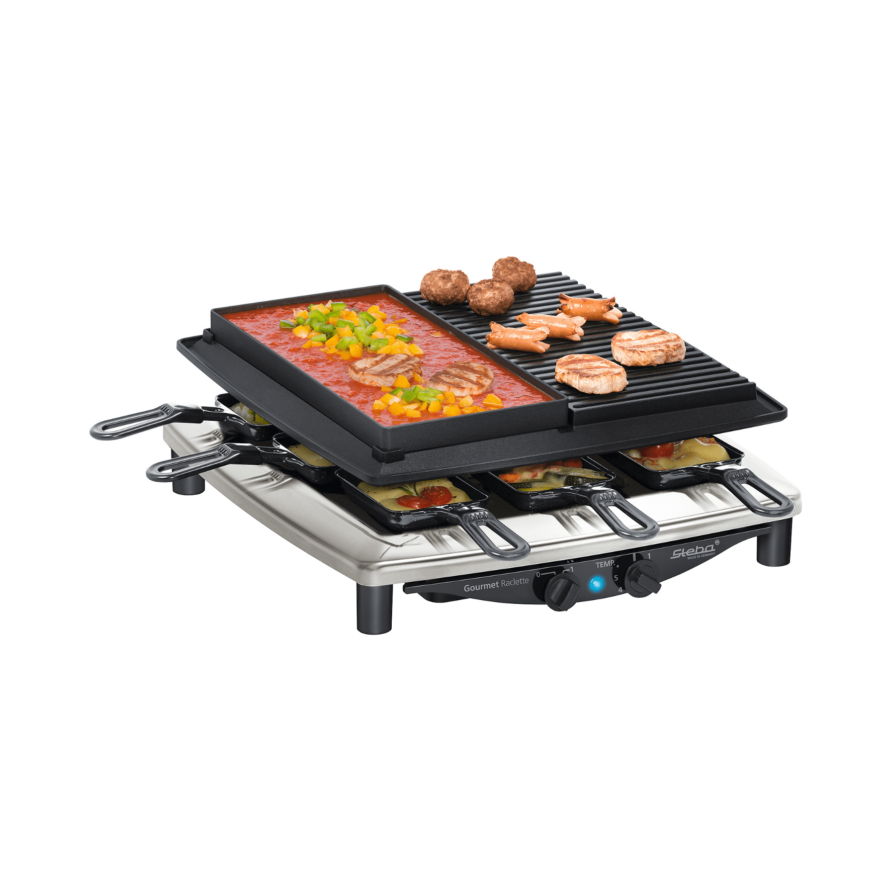 Steba Gourmet Raclette RC4PLUSDELUXECHROM mit Grillplatte und Pfännchen für mehrere Portionen. Temperaturregelung vorhanden.