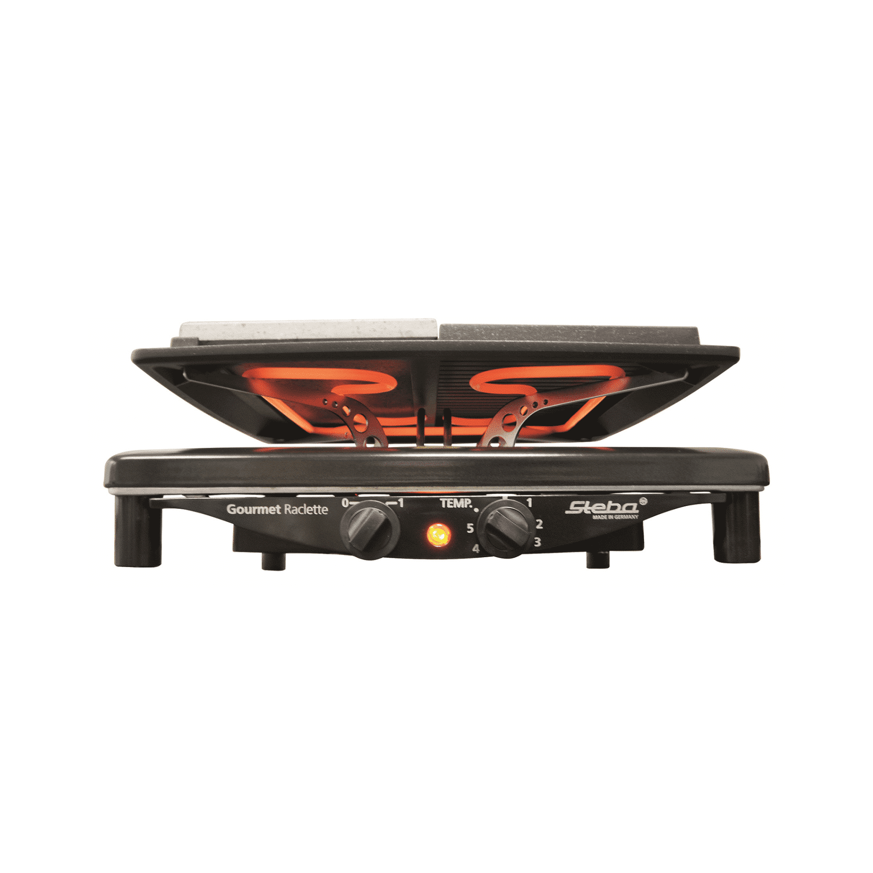 Gourmet Raclette von Steba mit zwei Heizstäben und Temperaturregler für perfekte Grill- und Schmelzgerichte.