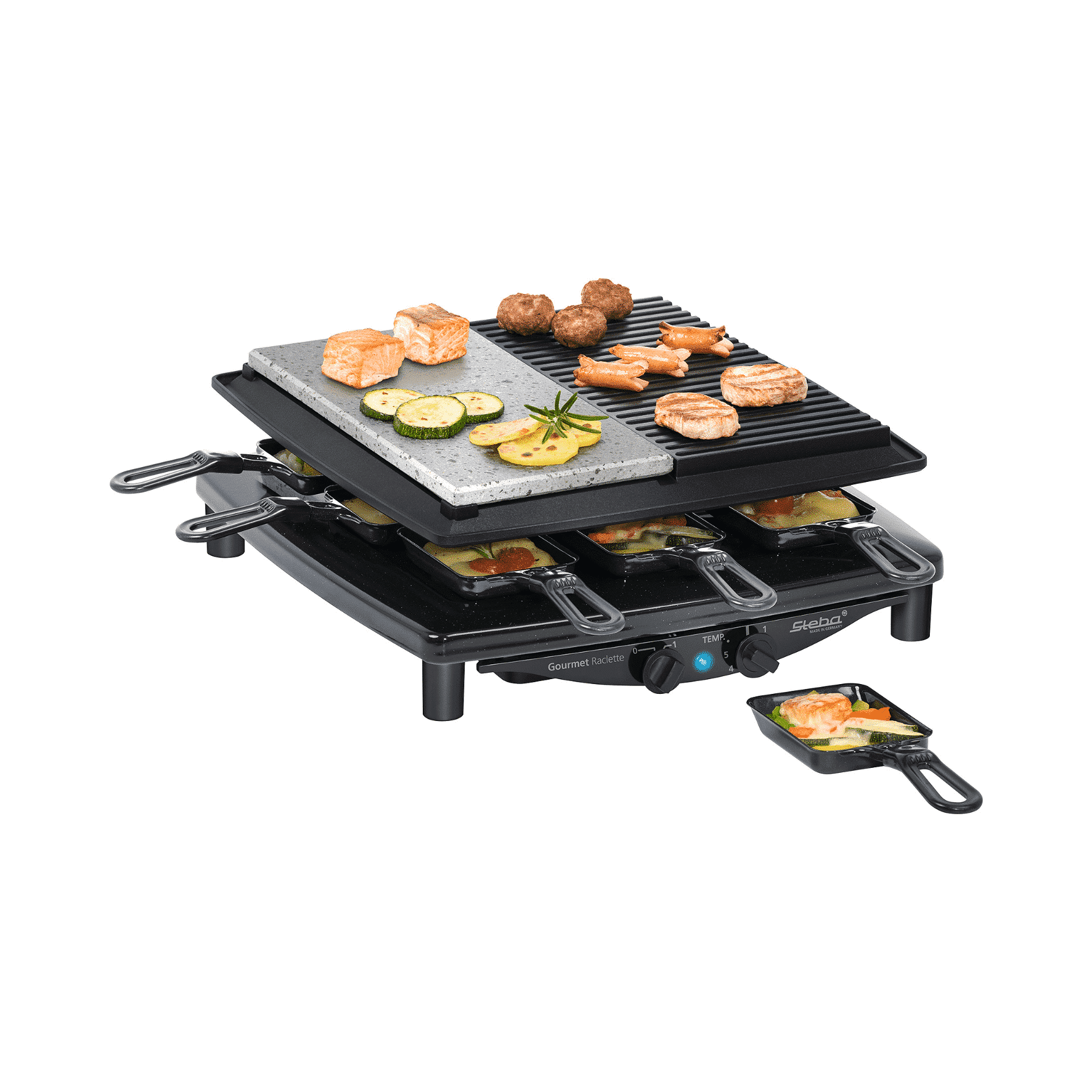 Steba Gourmet Raclette mit Grillplatte, mehreren Pfännchen und Temperaturregler für vielseitiges Kochen und Grillen.