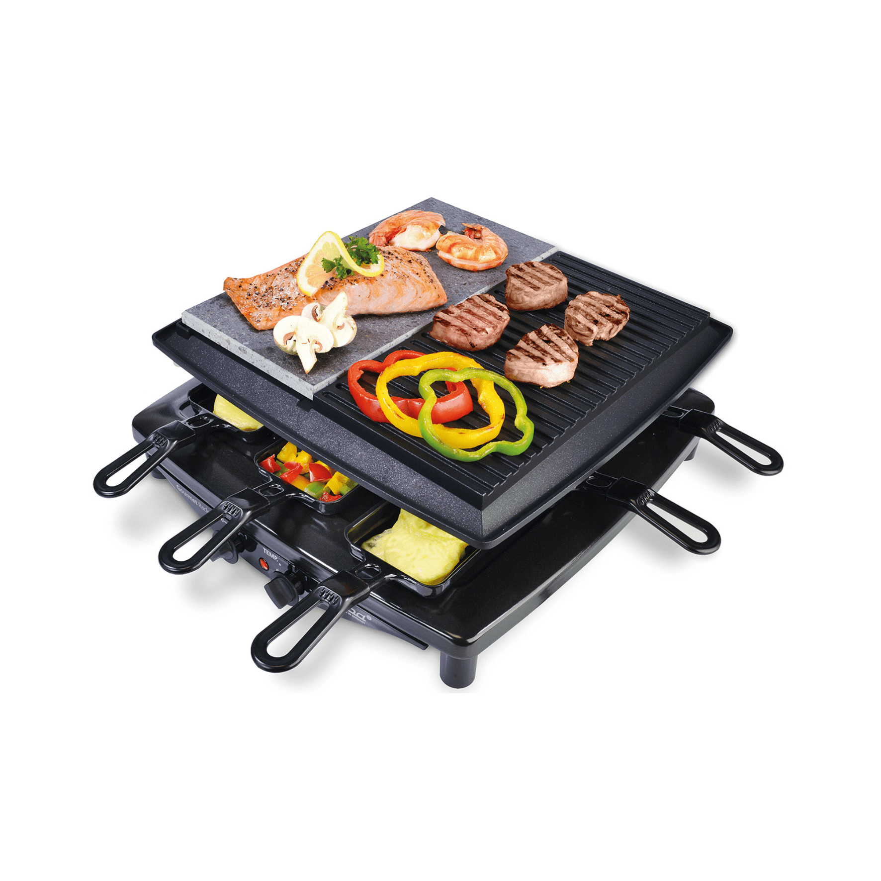 Raclette-Grill von Steba mit Grillplatte, Gemüse, Fisch und Fleisch, ideal für gemeinsames Essen. Inklusive Pfännchen.