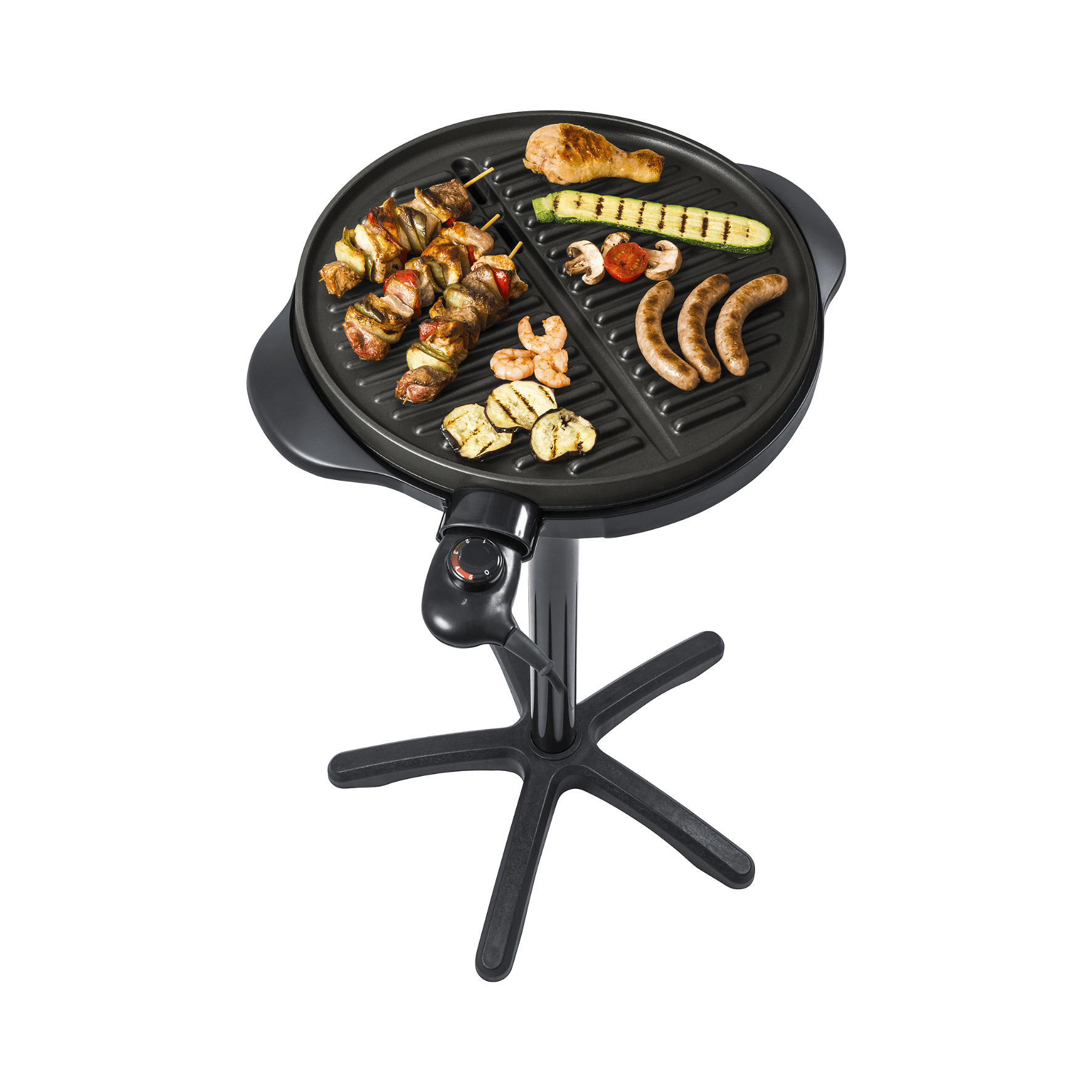 Elektrischer Steba BBQ-Grill VG250 mit runder Grillfläche, ausgestattet mit verschiedenen Grillwaren wie Fleisch und Gemüse.
