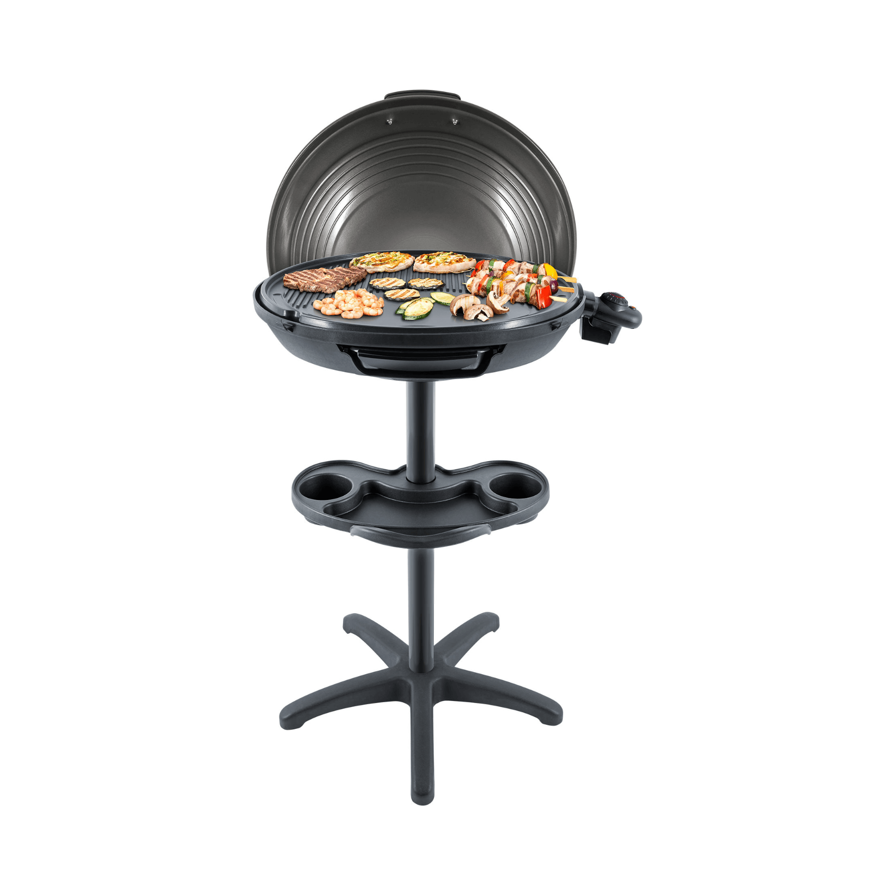 Steba VG325 BBQ-Grill mit runder Grillfläche, ausgestattet mit praktischer Ablage und Platz für Getränke.