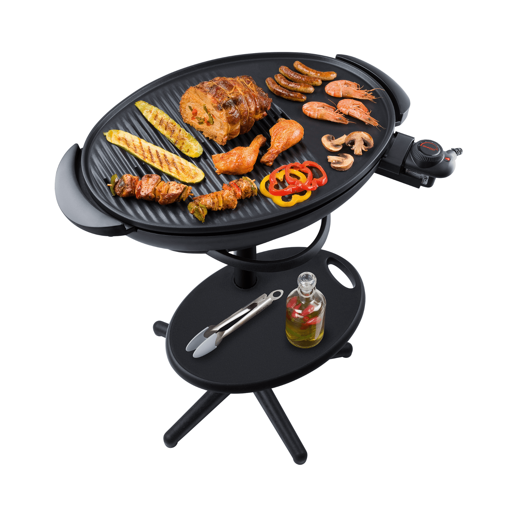 Ovaler Steba VG350 BBQ-Grill mit Grillfläche, gegrilltem Fleisch, Gemüse und Meeresfrüchten, inklusive Ablage für Utensilien.