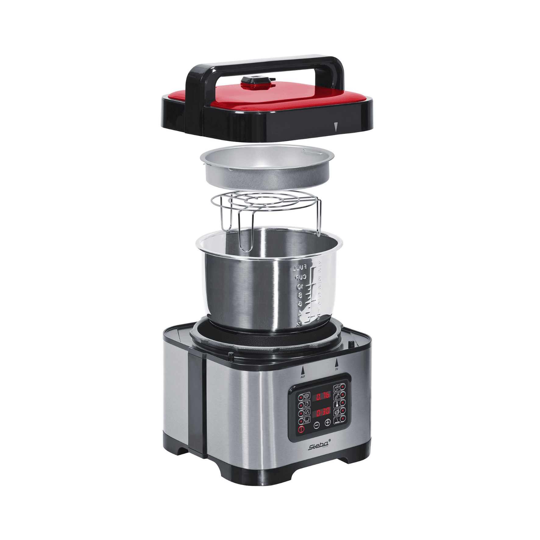 Multikocher von Steba mit abnehmbaren Komponenten: Edelstahl-Topf, Dampfgareinsatz und rotem Deckel. Digitale Steuerung sichtbar.
