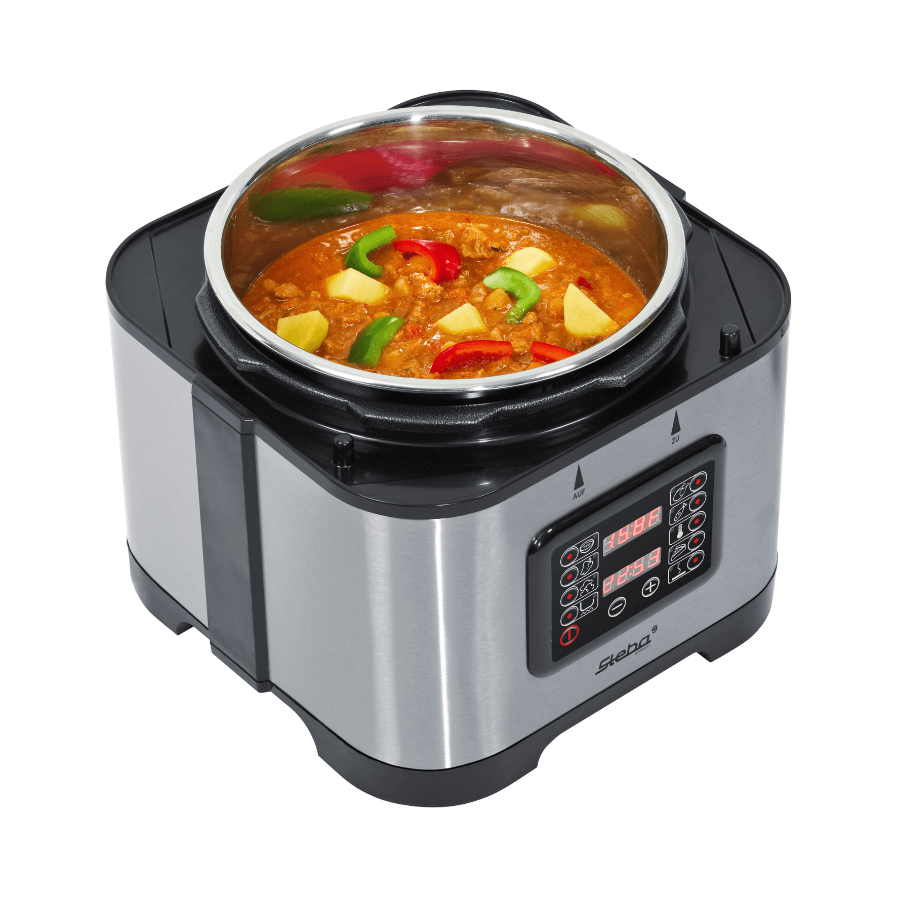 Multikocher von Steba mit Edelstahl-Gehäuse und digitalem Bedienfeld, gefüllt mit buntem Gemüse und Fleisch.