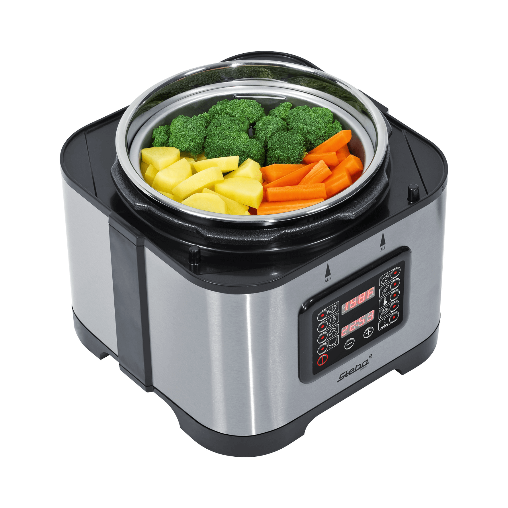 Multikocher von Steba mit digitalem Display, gefüllt mit Brokkoli, Kartoffeln und Karotten. Edelstahlgehäuse, runde Form.