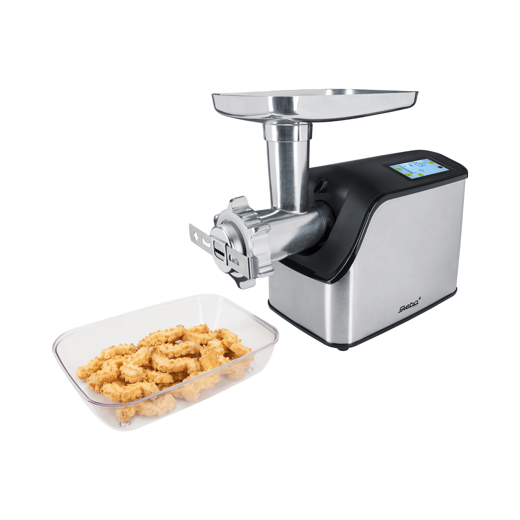 Fleischwolf von Steba mit Edelstahl-Gehäuse und digitalem Display. Neben dem Gerät ein Behälter mit zerkleinertem Fleisch.