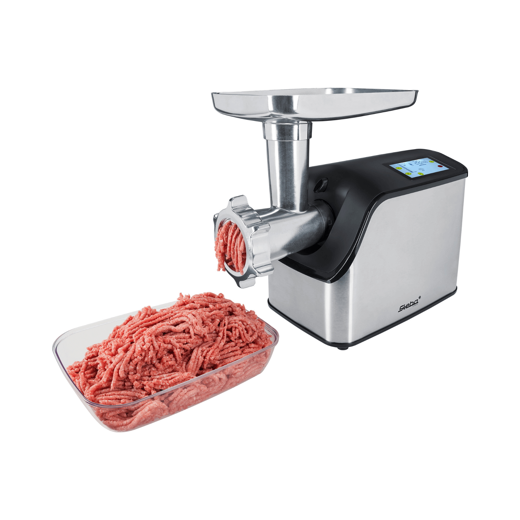 Elektrischer Fleischwolf von Steba mit Edelstahlgehäuse und digitalem Display, neben einer Schüssel mit frisch gehacktem Fleisch.