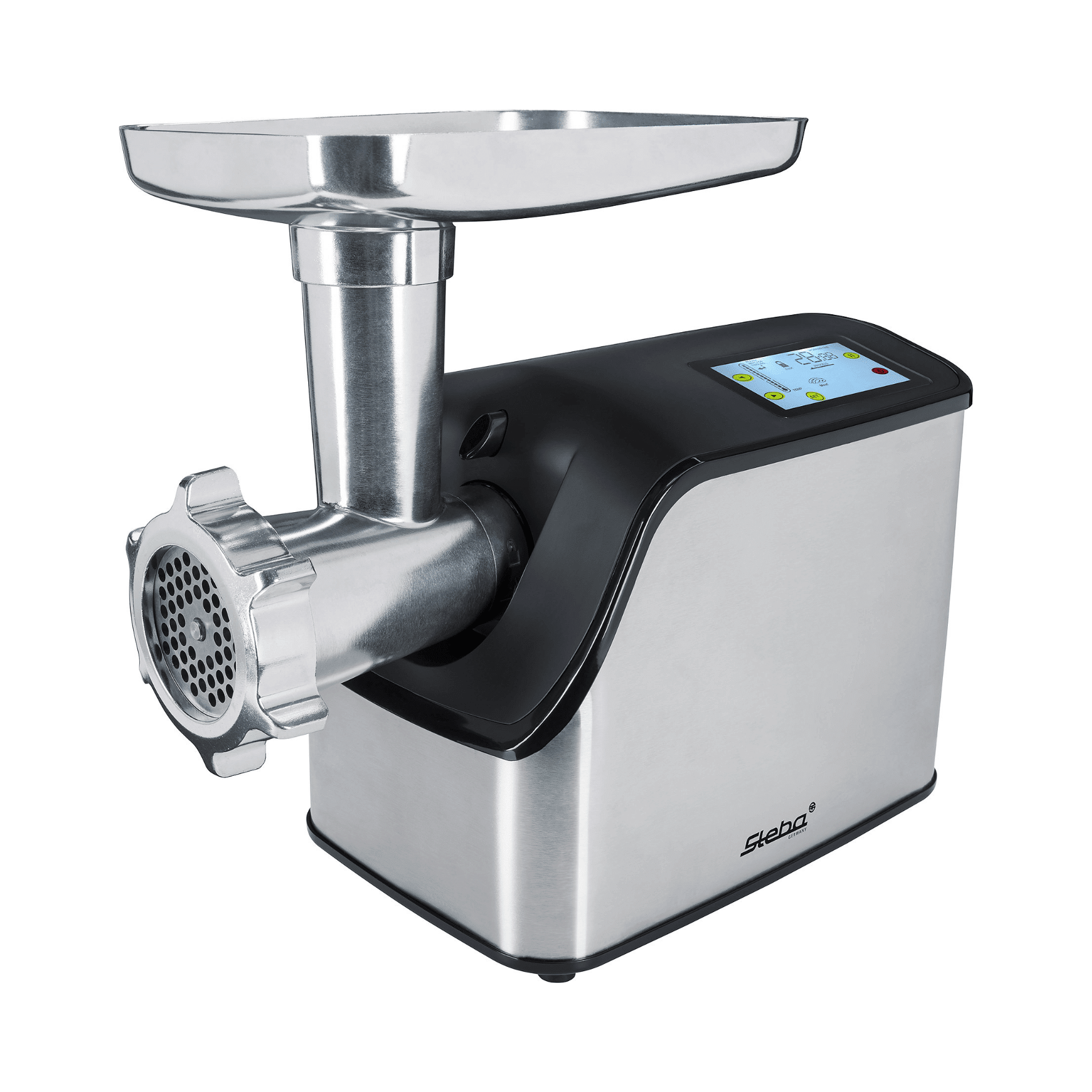 Elektrischer Fleischwolf von Steba mit Edelstahl-Gehäuse, LCD-Display und leistungsstarkem Motor. Modell MG 1600.