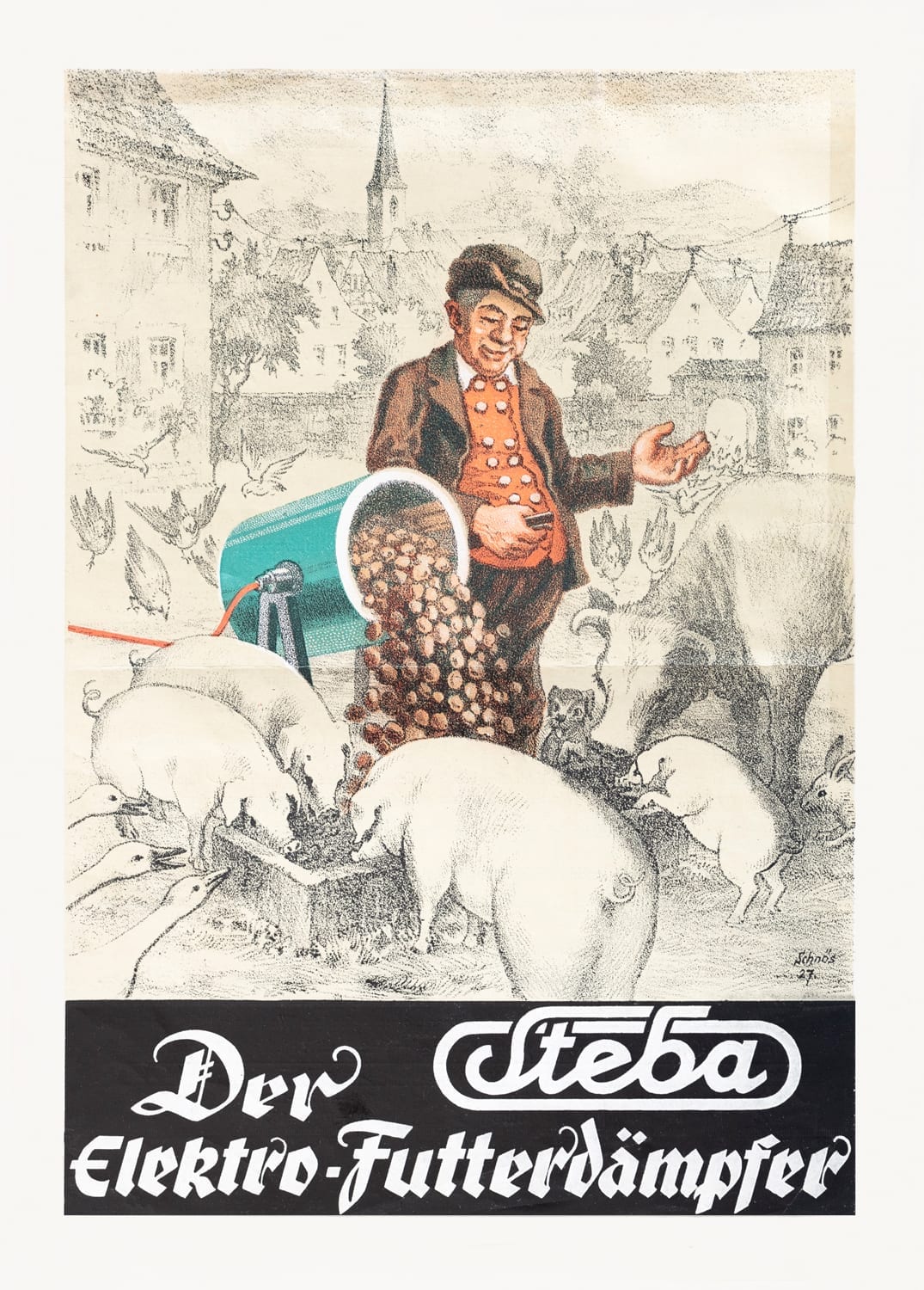 Historische Werbung für den Steba Elektro-Futterdämpfer, zeigt einen Mann, der Tierfutter aus einem Behälter füttert.