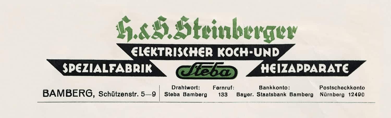 Historisches Logo der Firma Steba, Spezialfabrik für elektrische Koch- und Heizgeräte, mit Kontaktdaten aus Bamberg.