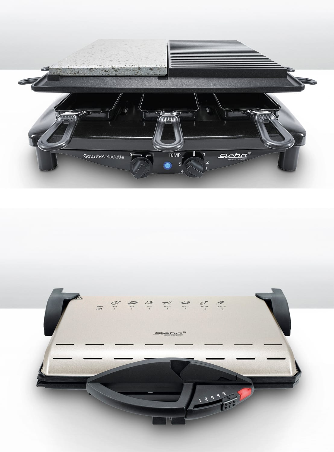 Steba Gourmet Raclette mit Grillplatte und 8 Pfännchen. Temperaturregler und Antihaftbeschichtung für einfaches Kochen.