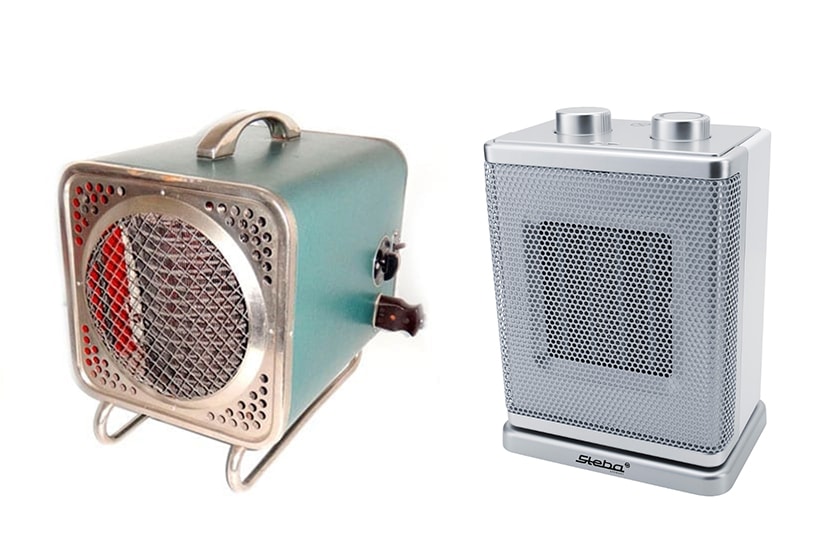 Zwei Heizgeräte: links ein retro Heizlüfter mit Metallgitter und Tragegriff, rechts ein moderner Steba Heizlüfter in Silber.